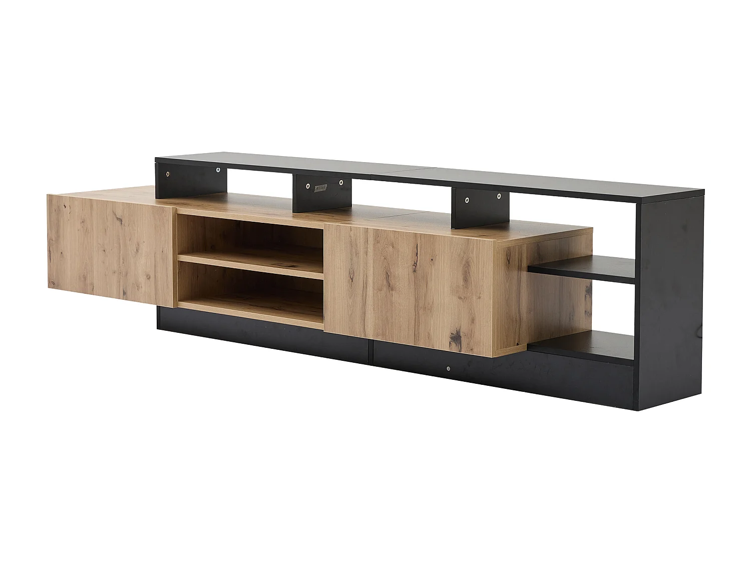 Bruine LED tv-kast met 2 klapdeuren - open houten opbergmeubel (190x40x48,5 cm)