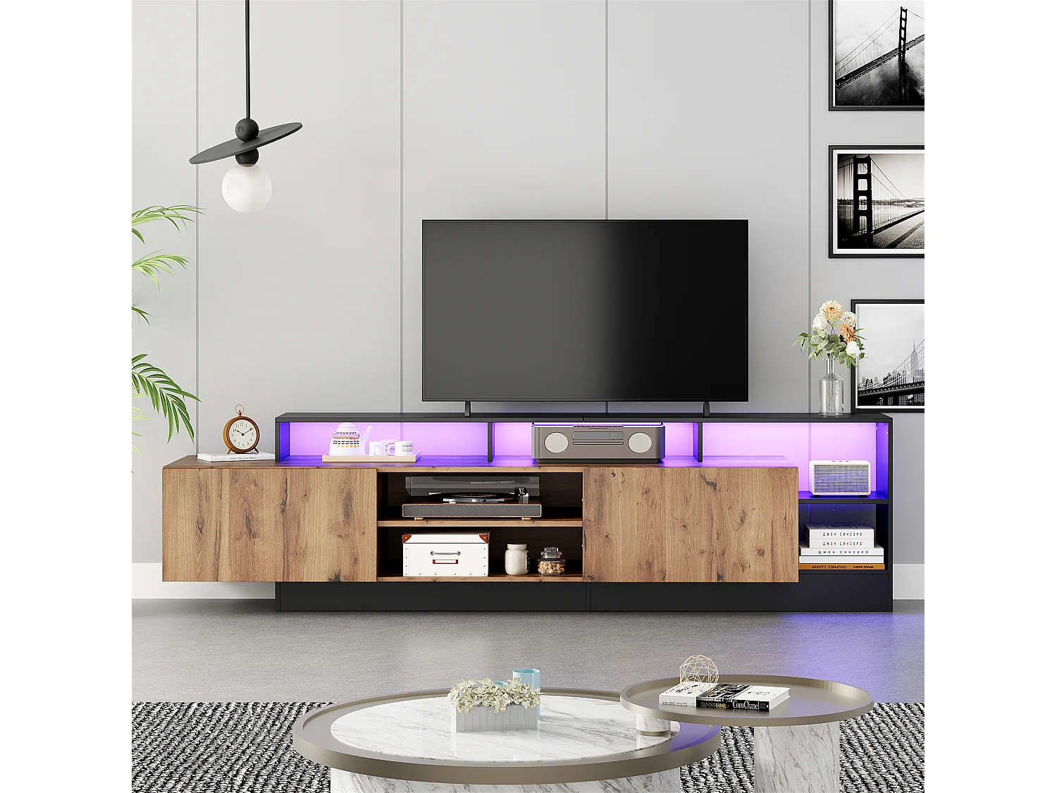Bruine LED tv-kast met 2 klapdeuren - open houten opbergmeubel (190x40x48,5 cm)
