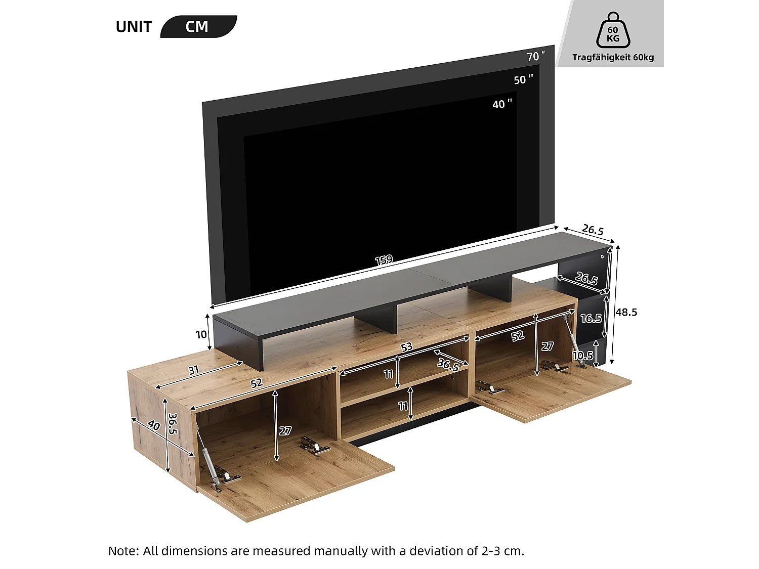 Bruine LED tv-kast met 2 klapdeuren - open houten opbergmeubel (190x40x48,5 cm)