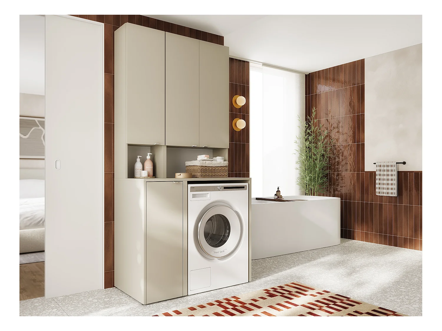 Ensemble de salle de bain - Armoire de machine à laver de 65 cm de large et armoire haute de 33 cm de large