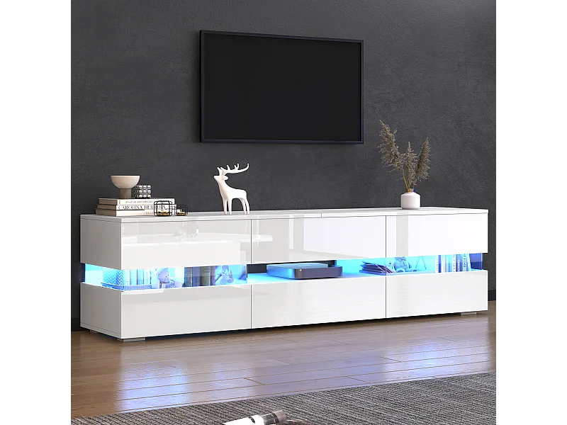 Meuble TV 160x39x45 cm avec LED avec 2 portes 1 tiroir - meuble de rangement ouvert en bois - blanc