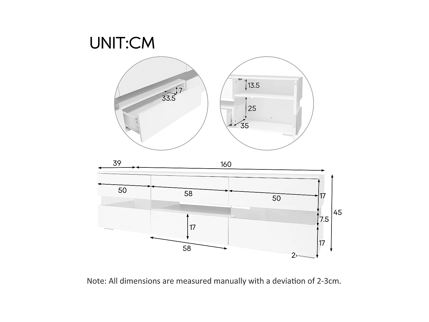 Meuble TV 160x39x45 cm avec LED avec 2 portes 1 tiroir - meuble de rangement ouvert en bois - blanc