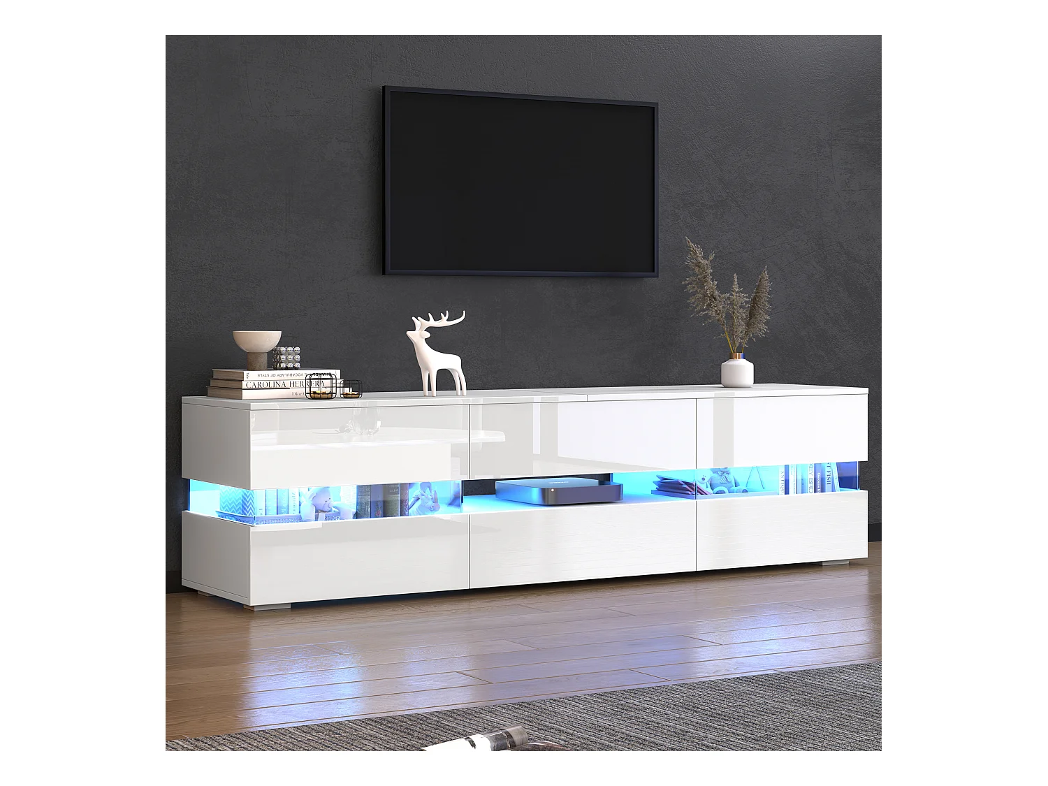 Meuble TV salon LED 2 portes 1 tiroir - meuble de rangement ouvert en bois - blanc brillant (160x39x45 cm)