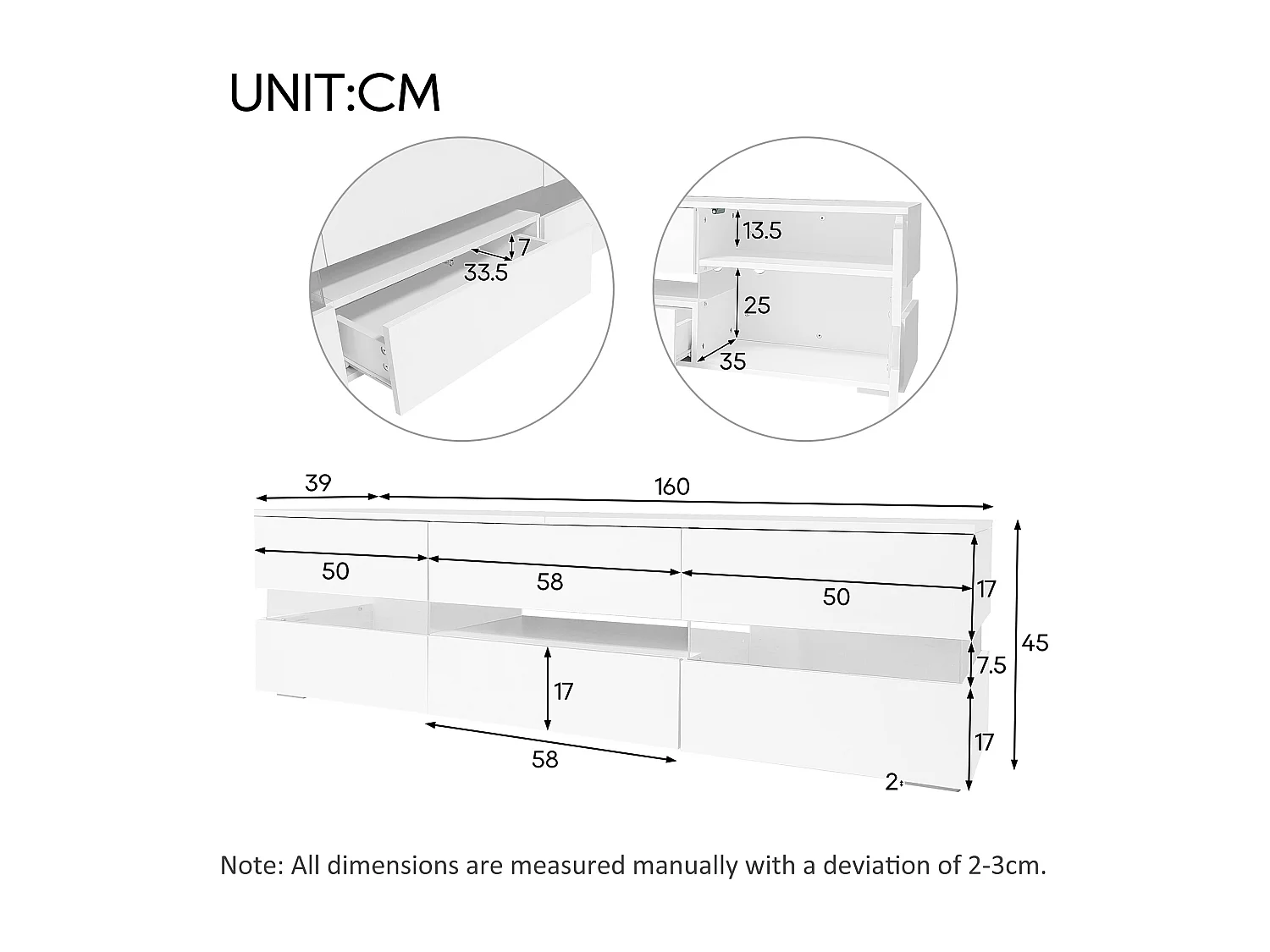 Meuble TV 160x39x45 cm avec LED avec 2 portes 1 tiroir - meuble de rangement ouvert en bois - blanc