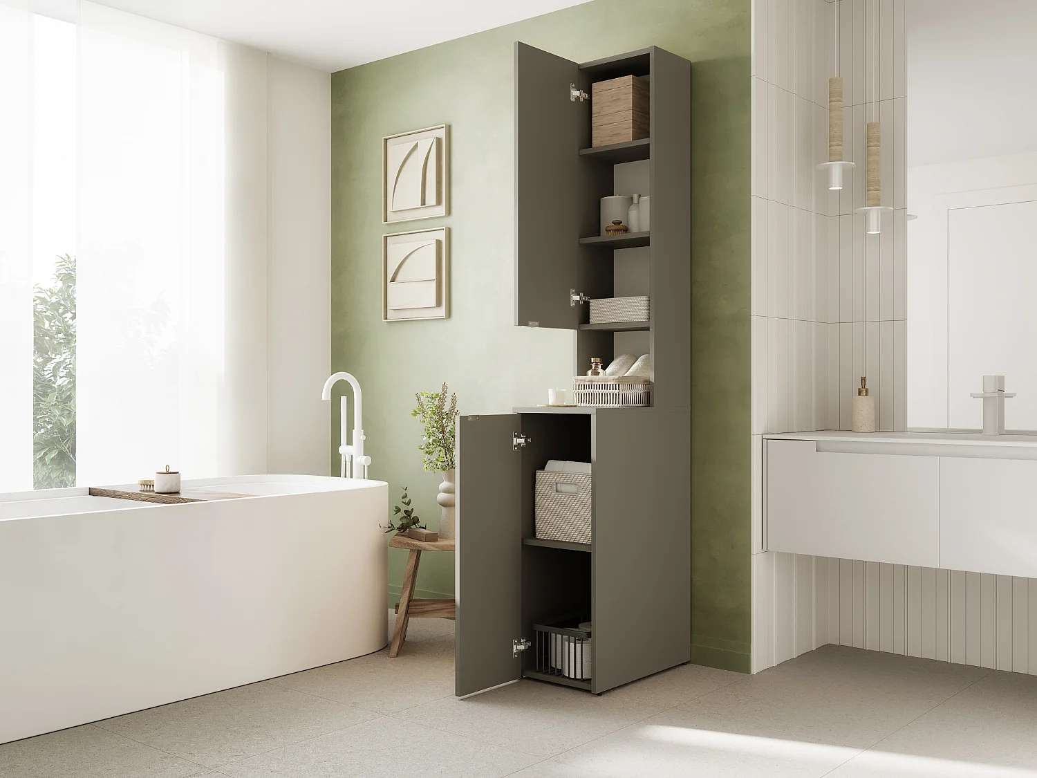 Armoire haute de salle de bain - 210 x 33 x 56 cm Armoire de rangement étroite pour salle de bain