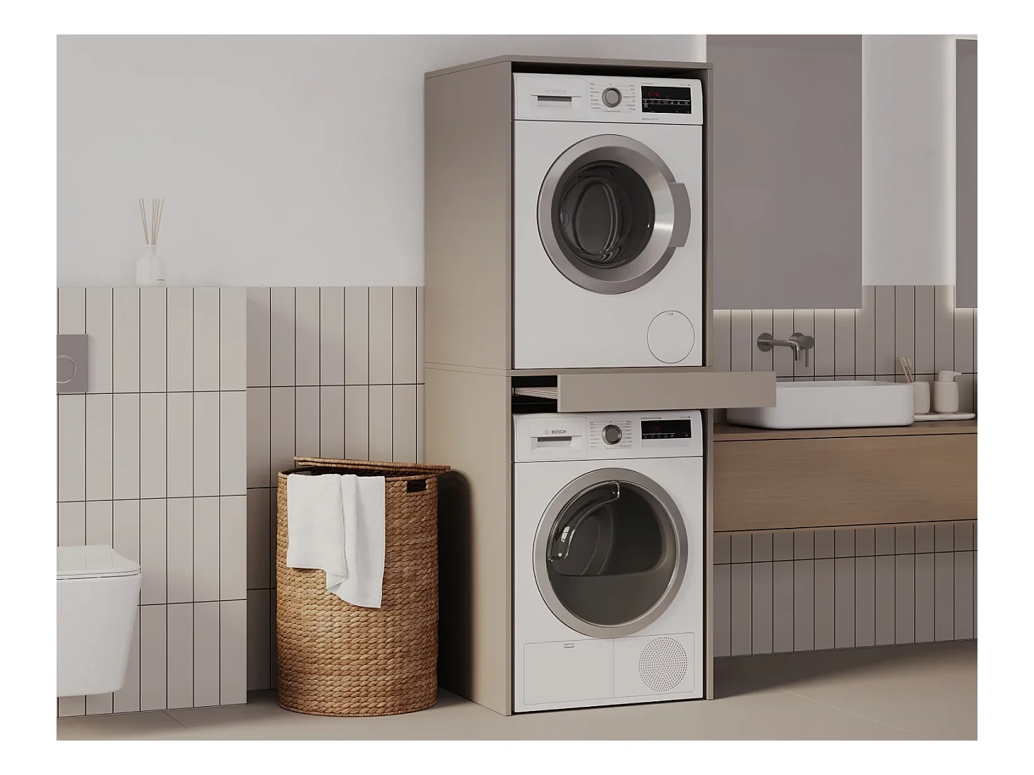 Armoire pour machine à laver et sèche-linge avec tablette coulissante • Meuble de rangement pour lave-linge et sèche-linge • Armoire de surplomb 187 x 65 x 66 cm