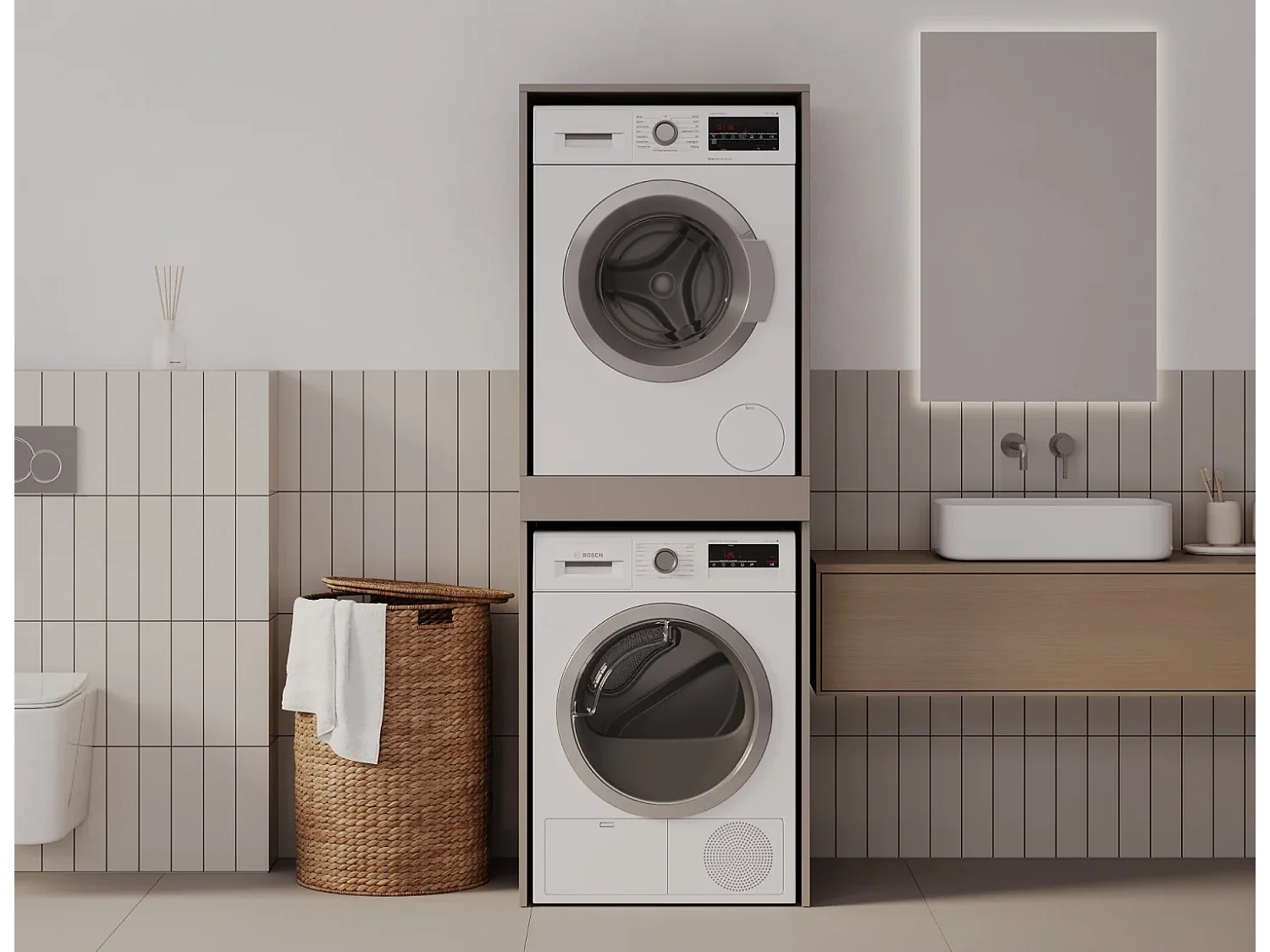 Armoire pour machine à laver et sèche-linge avec tablette coulissante • Meuble de rangement pour lave-linge et sèche-linge • Armoire de surplomb 187 x 65 x 66 cm