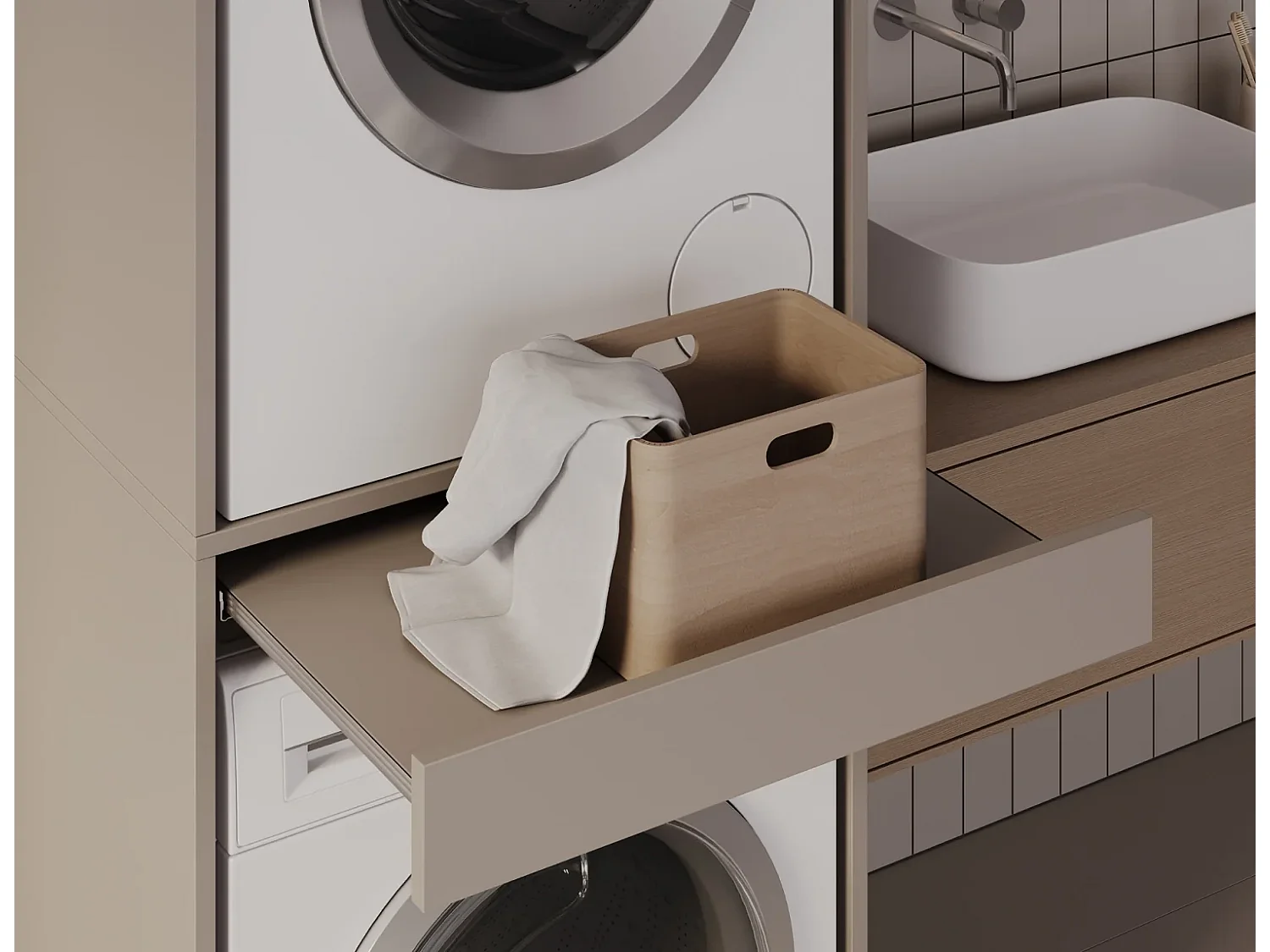 Armoire pour machine à laver et sèche-linge avec tablette coulissante • Meuble de rangement pour lave-linge et sèche-linge • Armoire de surplomb 187 x 65 x 66 cm