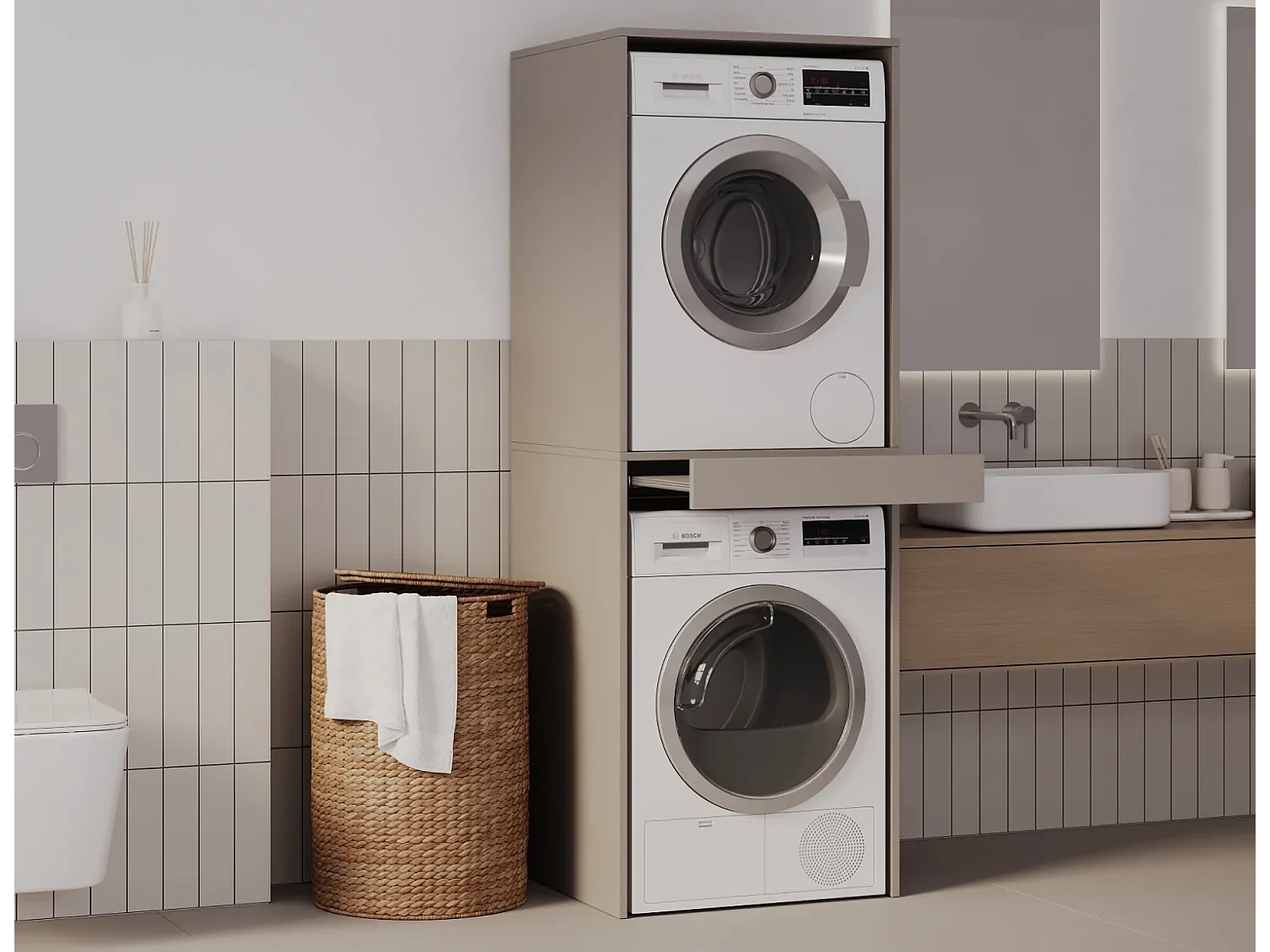 Armoire pour machine à laver et sèche-linge avec tablette coulissante • Meuble de rangement pour lave-linge et sèche-linge • Armoire de surplomb 187 x 65 x 66 cm