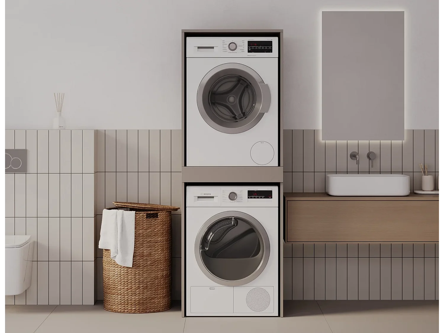 Armoire pour machine à laver et sèche-linge avec tablette coulissante • Meuble de rangement pour lave-linge et sèche-linge • Armoire de surplomb 187 x 65 x 66 cm