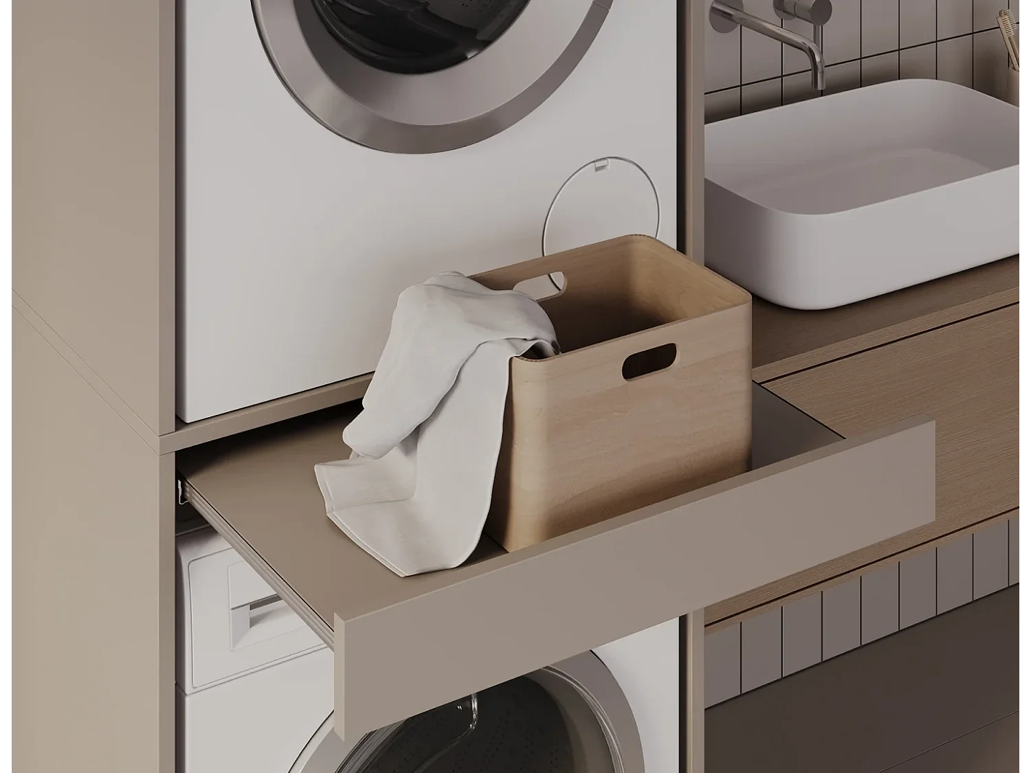 Armoire pour machine à laver et sèche-linge avec tablette coulissante • Meuble de rangement pour lave-linge et sèche-linge • Armoire de surplomb 187 x 65 x 66 cm