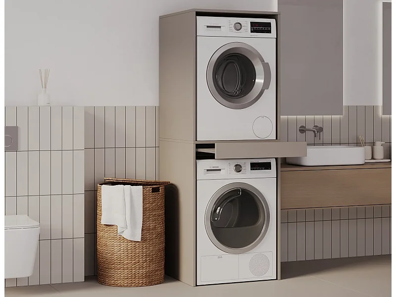 Schrank für Waschmaschine und Trockner mit ausziehbarem Regal • Aufbewahrungsschrank für Waschmaschine und Trockner • Oberschrank 187 x 65 x 66 cm