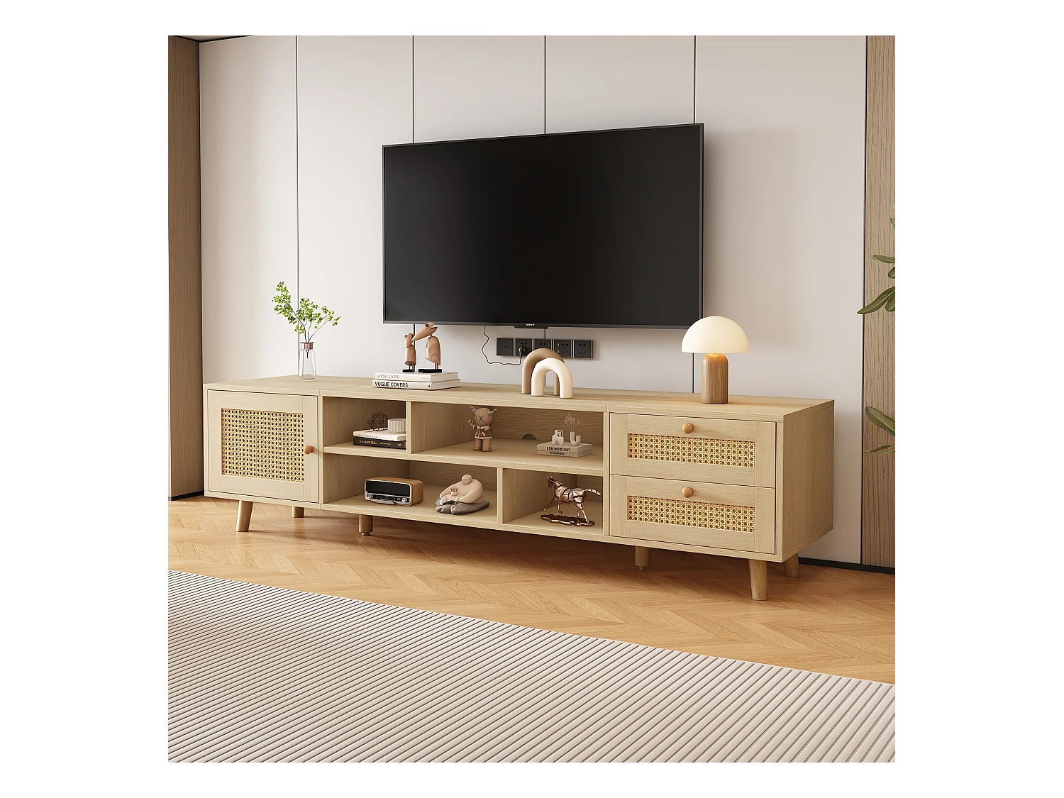 Meuble TV 160x39x40 cm 1 porte 2 tiroirs en rotin - meuble de rangement pieds réglables en bois - marron