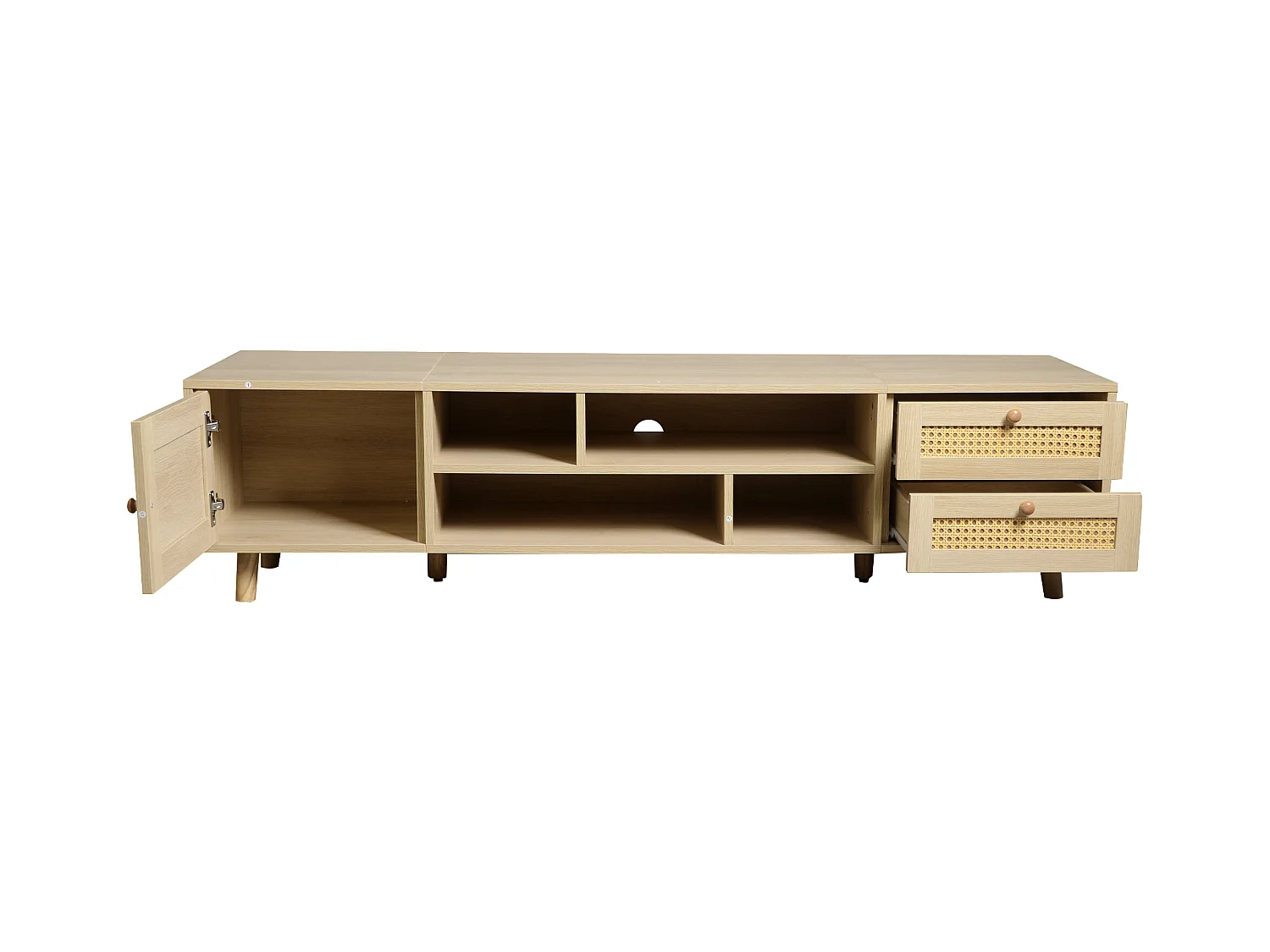Meuble TV 160x39x40 cm 1 porte 2 tiroirs en rotin - meuble de rangement pieds réglables en bois - marron