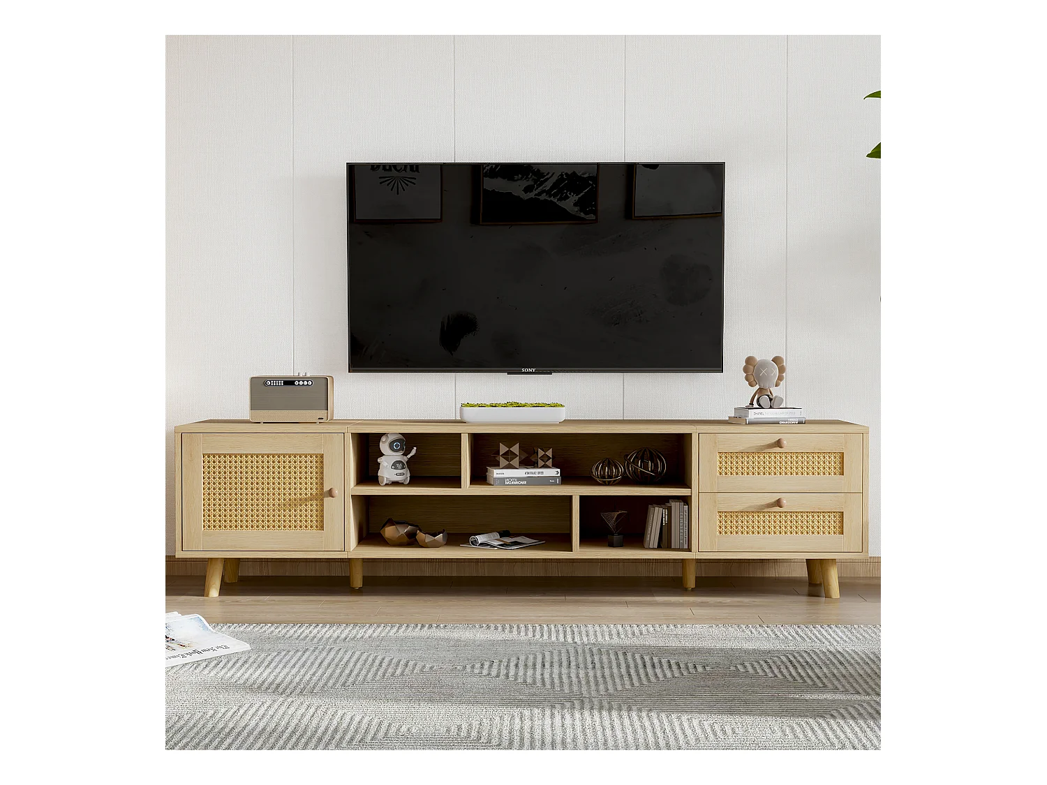 Meuble TV 160x39x40 cm 1 porte 2 tiroirs en rotin - meuble de rangement pieds réglables en bois - marron