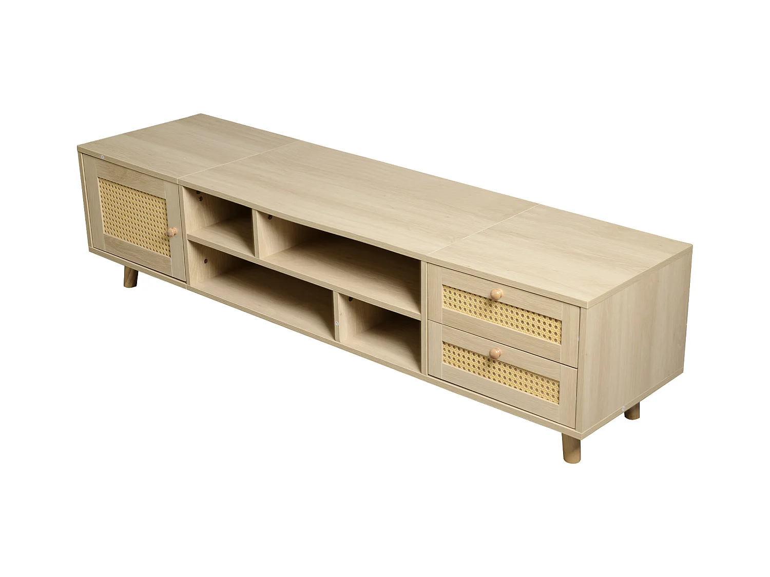 Meuble TV 160x39x40 cm 1 porte 2 tiroirs en rotin - meuble de rangement pieds réglables en bois - marron