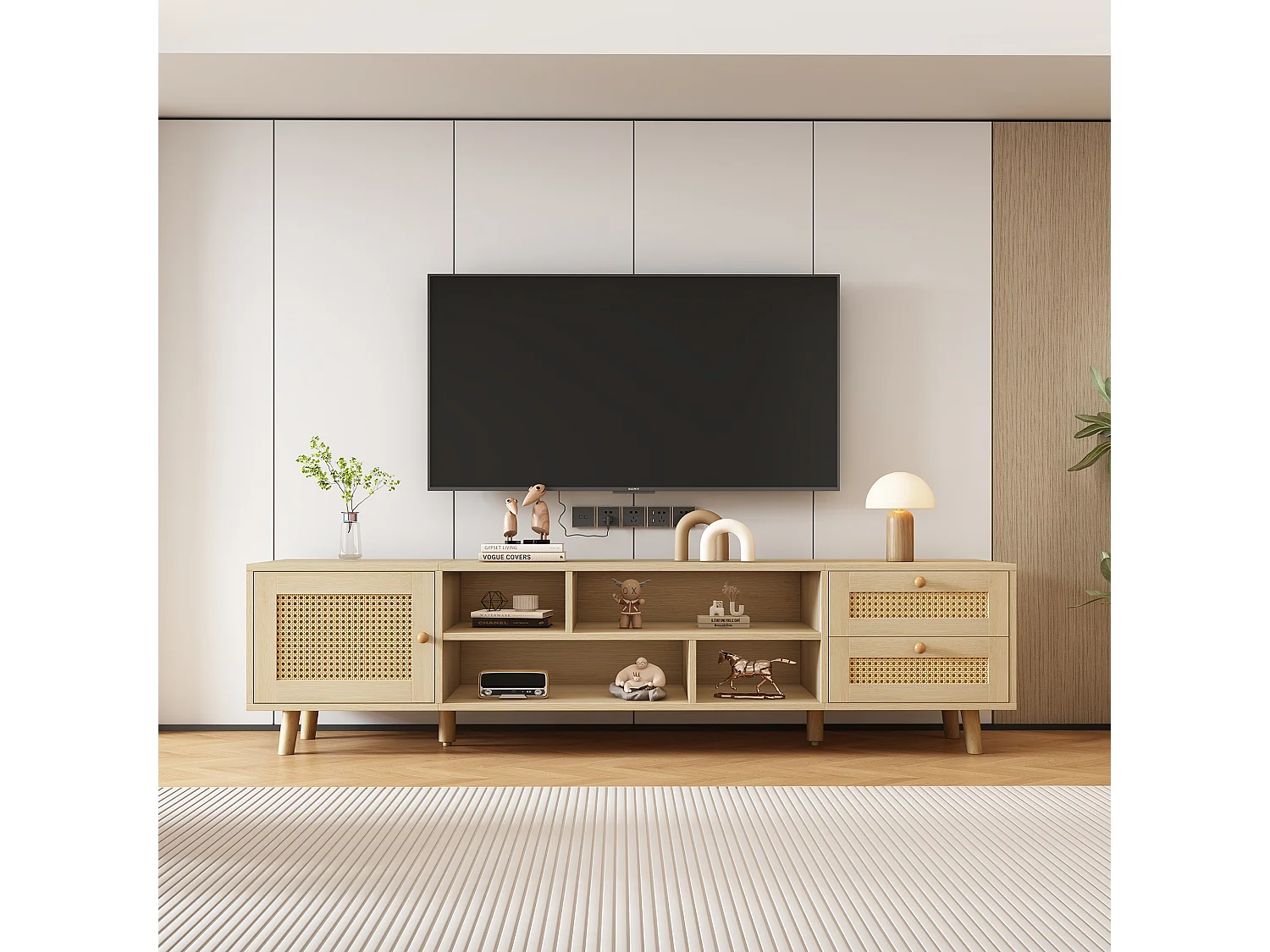 Meuble TV 160x39x40 cm 1 porte 2 tiroirs en rotin - meuble de rangement pieds réglables en bois - marron