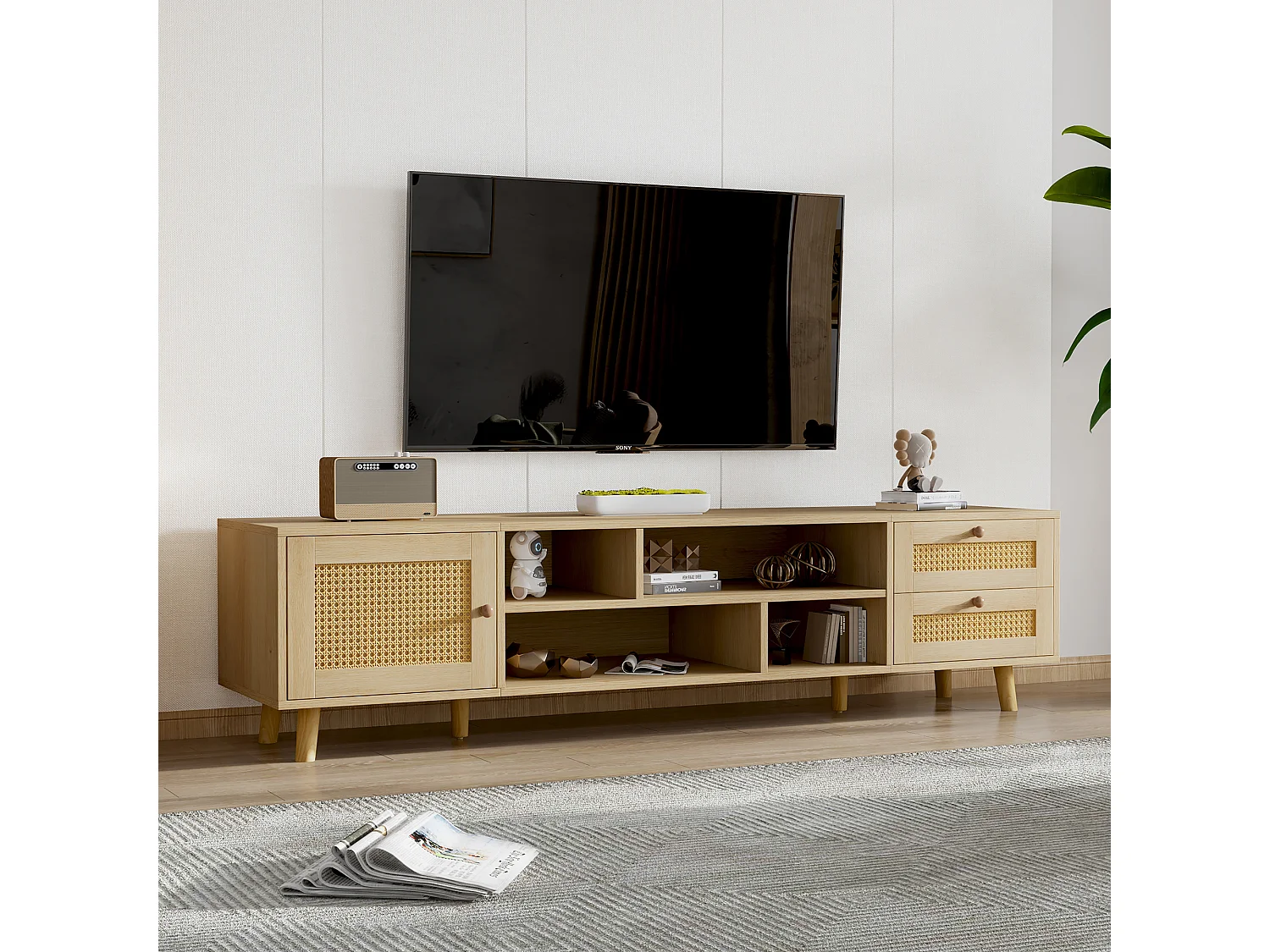 Meuble TV 160x39x40 cm 1 porte 2 tiroirs en rotin - meuble de rangement pieds réglables en bois - marron