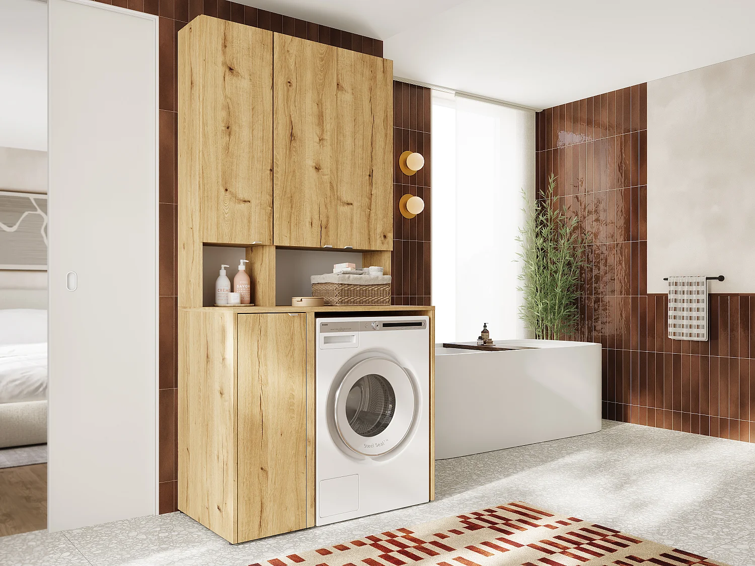Ensemble de salle de bain - Armoire de machine à laver de 65 cm de large et armoire haute de 33 cm de large