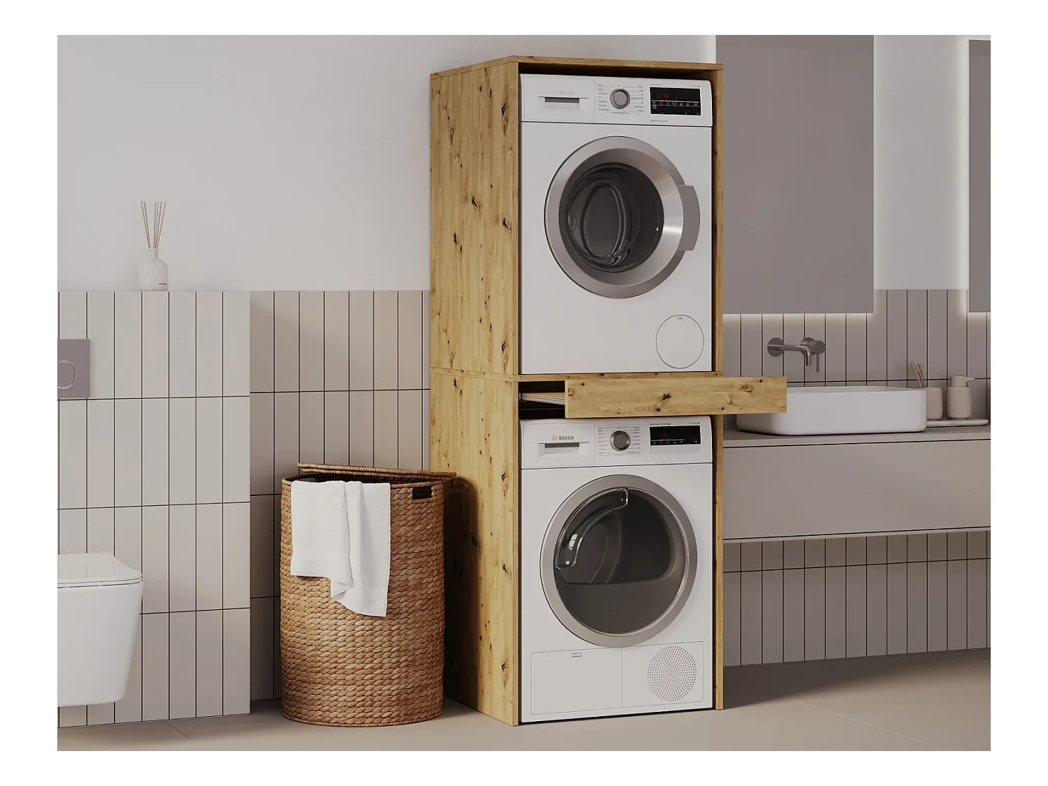 Armoire pour machine à laver et sèche-linge avec tablette coulissante • Meuble de rangement pour lave-linge et sèche-linge • Armoire de surplomb 187 x 65 x 66 cm