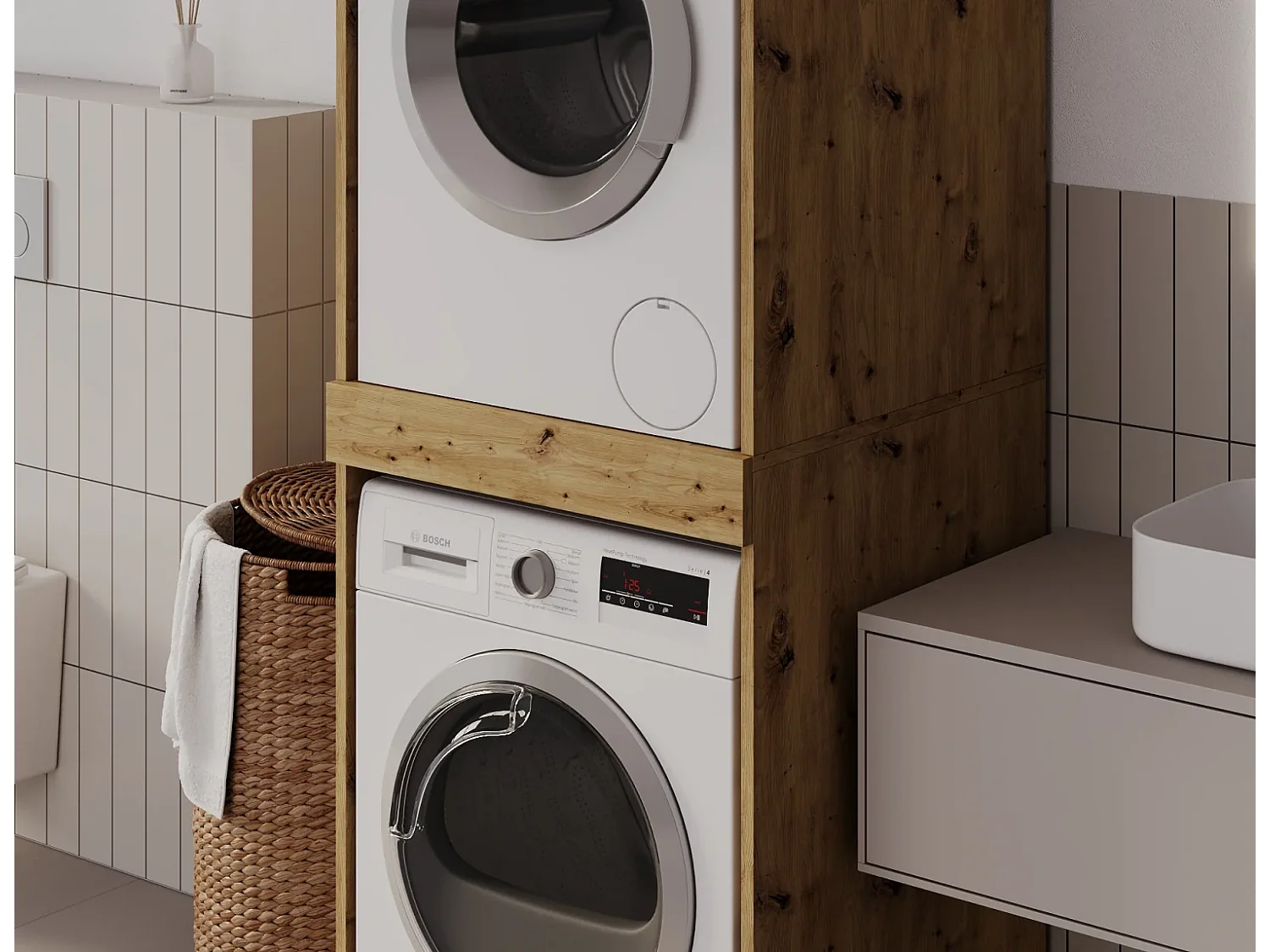 Armoire pour machine à laver et sèche-linge avec tablette coulissante • Meuble de rangement pour lave-linge et sèche-linge • Armoire de surplomb 187 x 65 x 66 cm