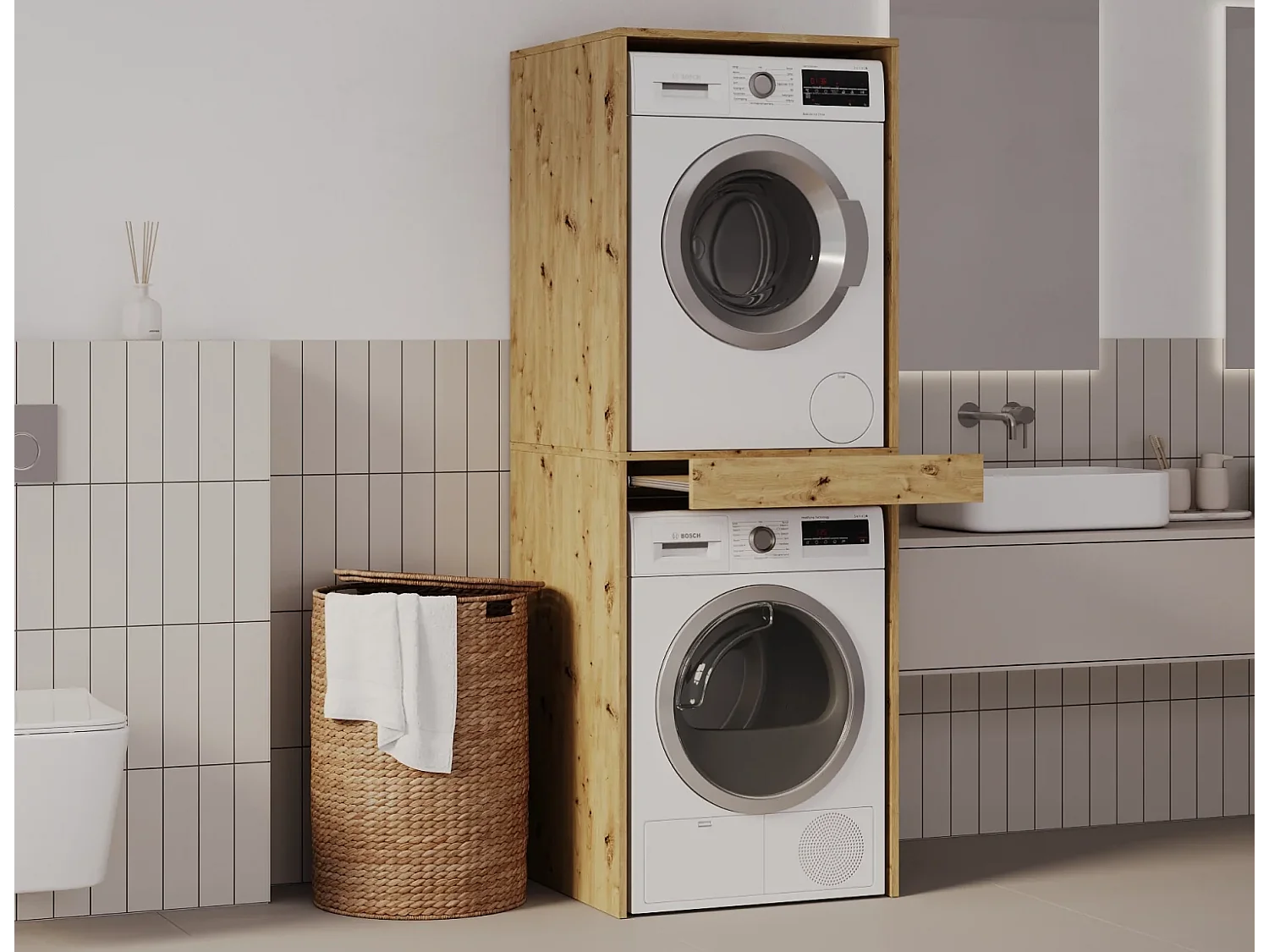 Armoire pour machine à laver et sèche-linge avec tablette coulissante • Meuble de rangement pour lave-linge et sèche-linge • Armoire de surplomb 187 x 65 x 66 cm