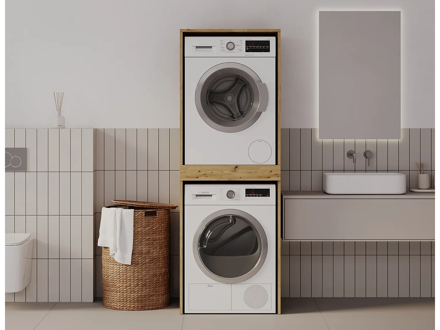 Armoire pour machine à laver et sèche-linge avec tablette coulissante • Meuble de rangement pour lave-linge et sèche-linge • Armoire de surplomb 187 x 65 x 66 cm