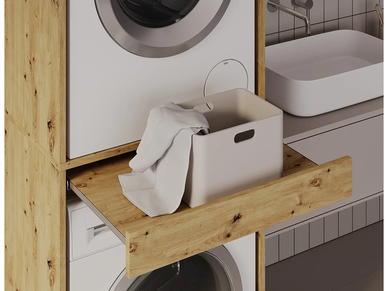 Armoire pour machine à laver et sèche-linge avec tablette coulissante • Meuble de rangement pour lave-linge et sèche-linge • Armoire de surplomb 187 x 65 x 66 cm