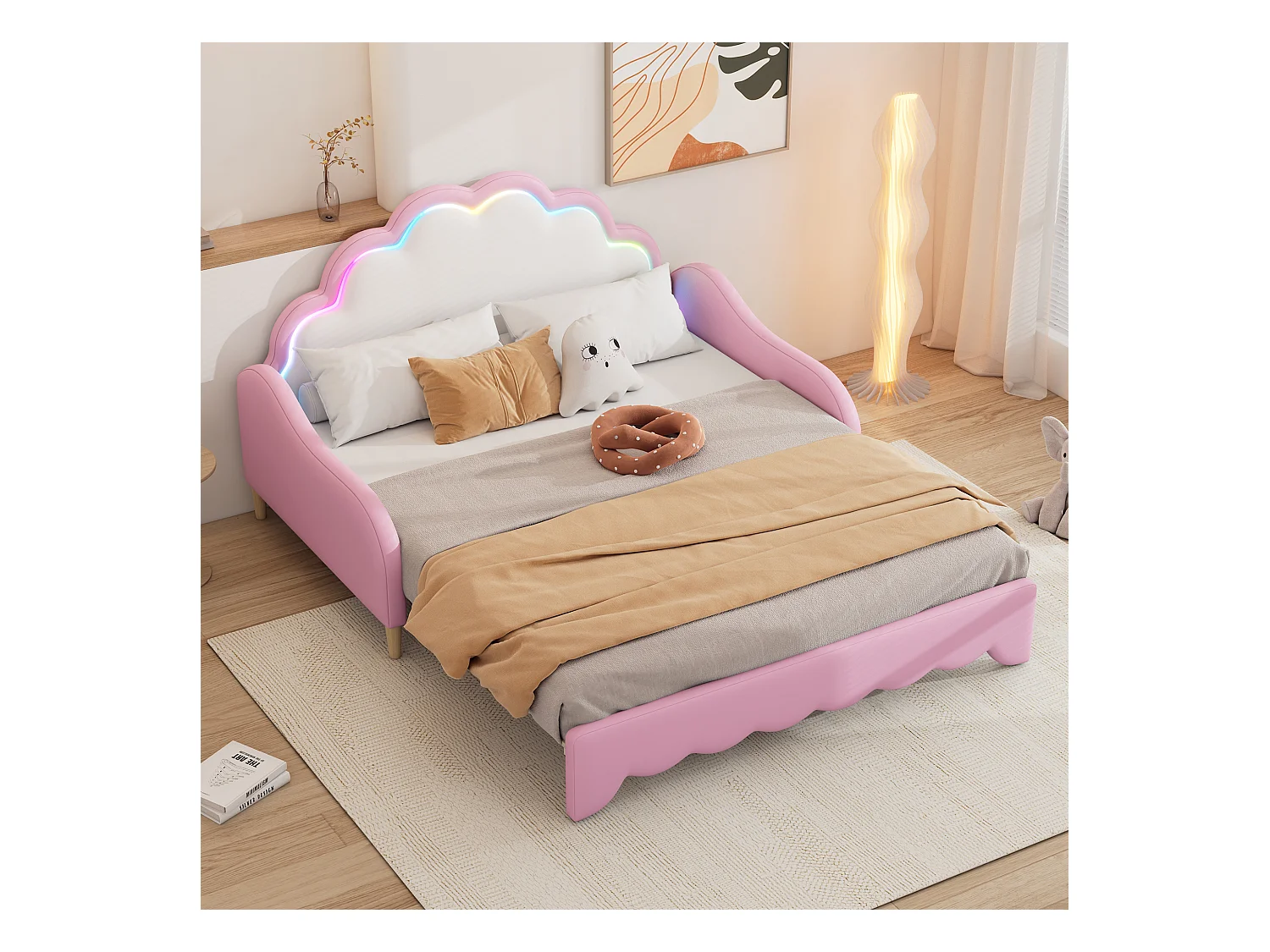 Lit double adulte 140x200 cm avec sommier - tête de lit capitonnée avec LED - similicuir - rose (sans matelas)
