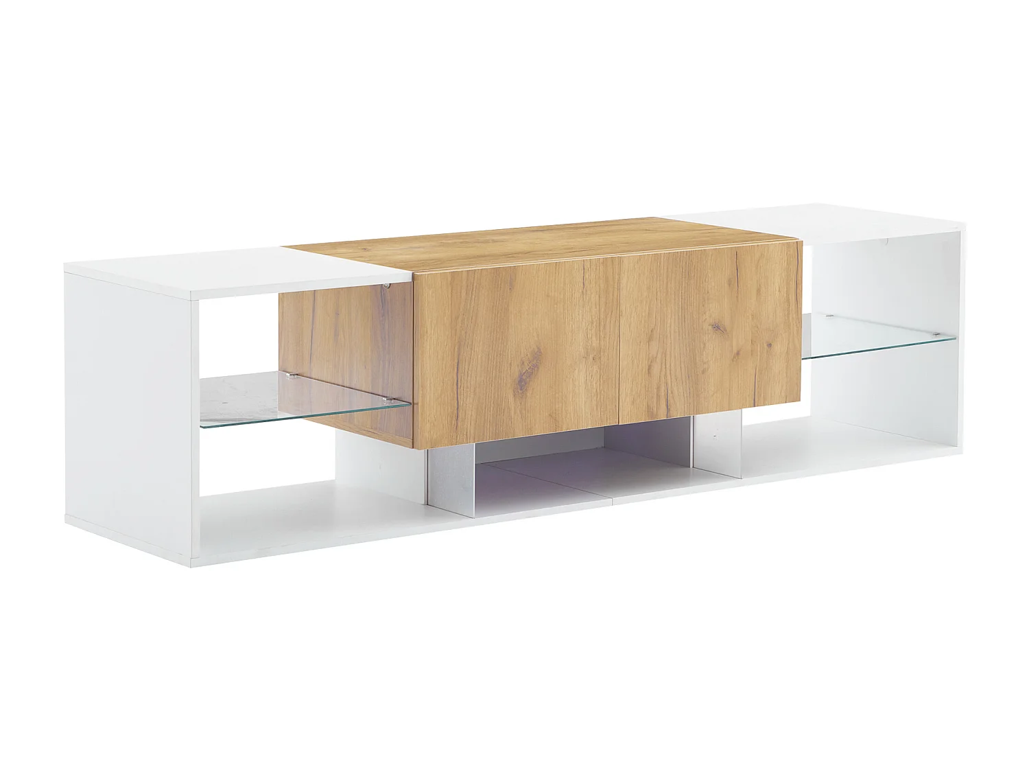 LED-woonkamer-tv-meubel met 2 lades - open houten opbergmeubel - glazen planken - wit (160x40x42 cm)