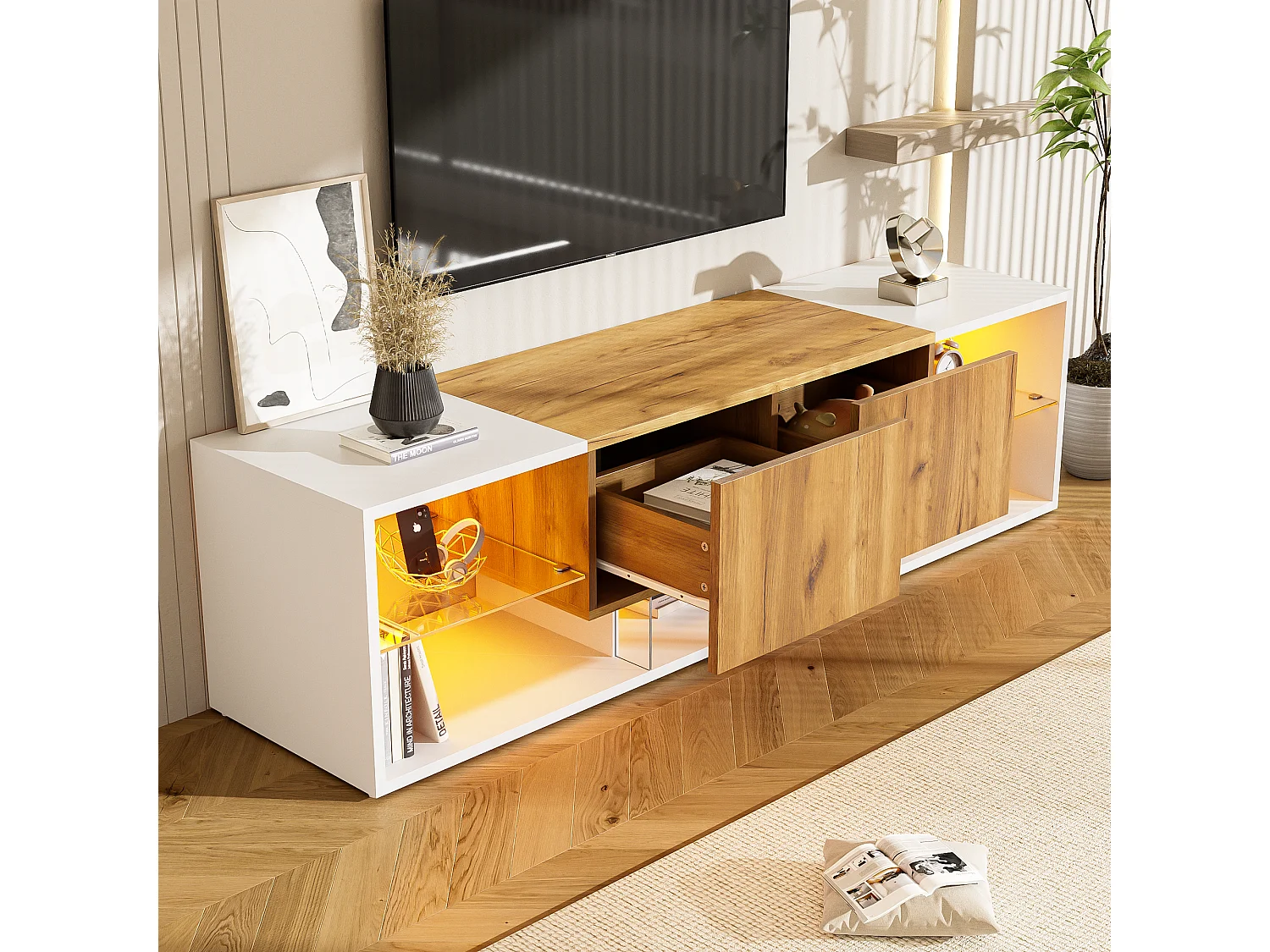 LED-woonkamer-tv-meubel met 2 lades - open houten opbergmeubel - glazen planken - wit (160x40x42 cm)