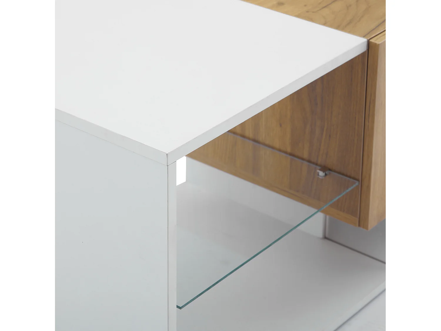 LED-woonkamer-tv-meubel met 2 lades - open houten opbergmeubel - glazen planken - wit (160x40x42 cm)