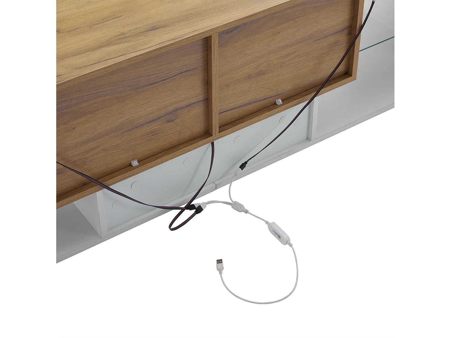 LED-woonkamer-tv-meubel met 2 lades - open houten opbergmeubel - glazen planken - wit (160x40x42 cm)