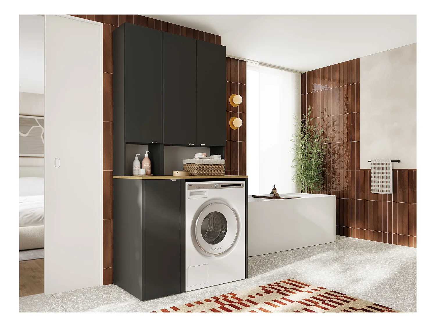 Ensemble de salle de bain - Armoire de machine à laver de 65 cm de large et armoire haute de 33 cm de large