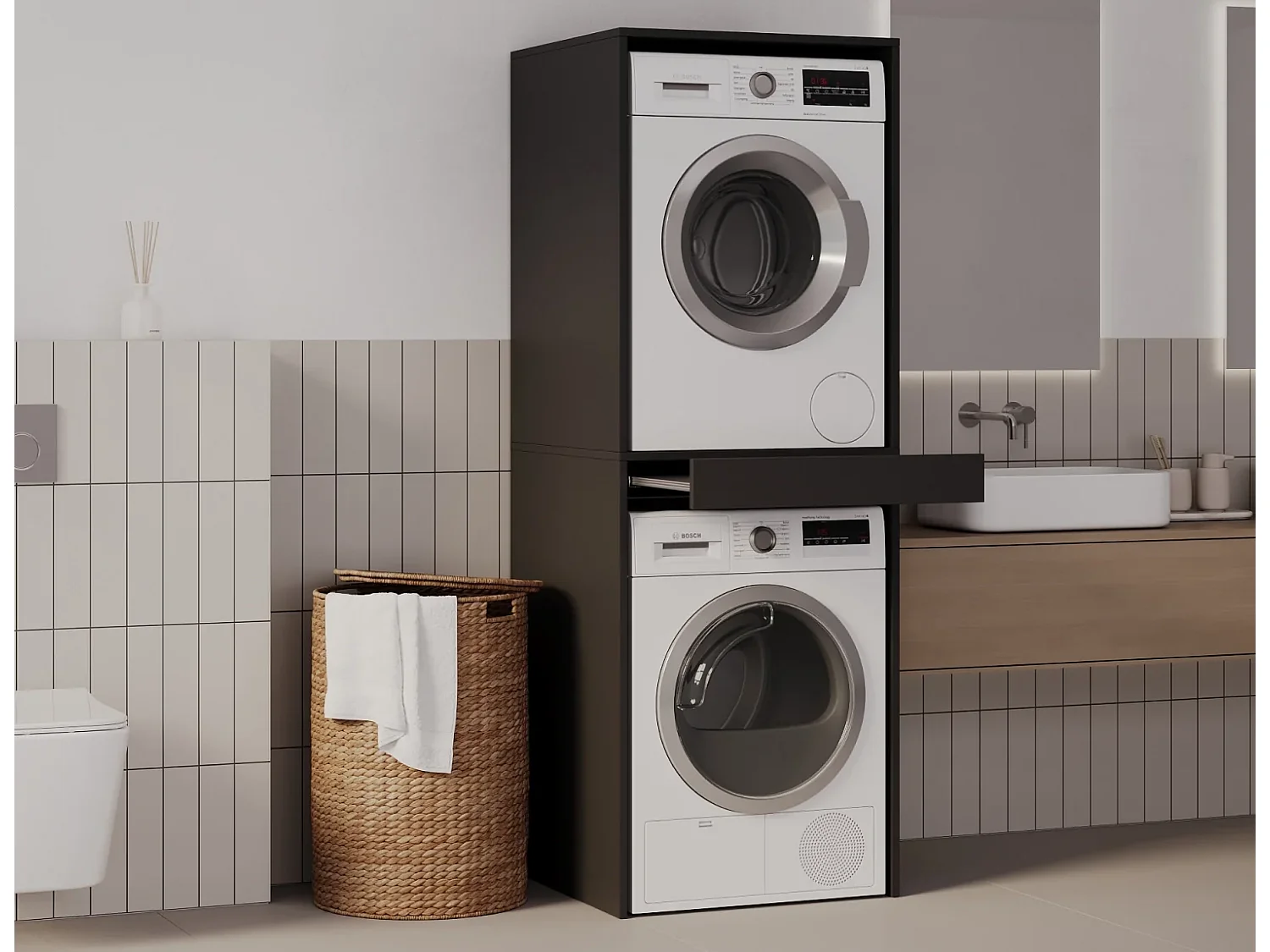 Schrank für Waschmaschine und Trockner mit ausziehbarem Regal • Aufbewahrungsschrank für Waschmaschine und Trockner • Oberschrank 187 x 65 x 66 cm