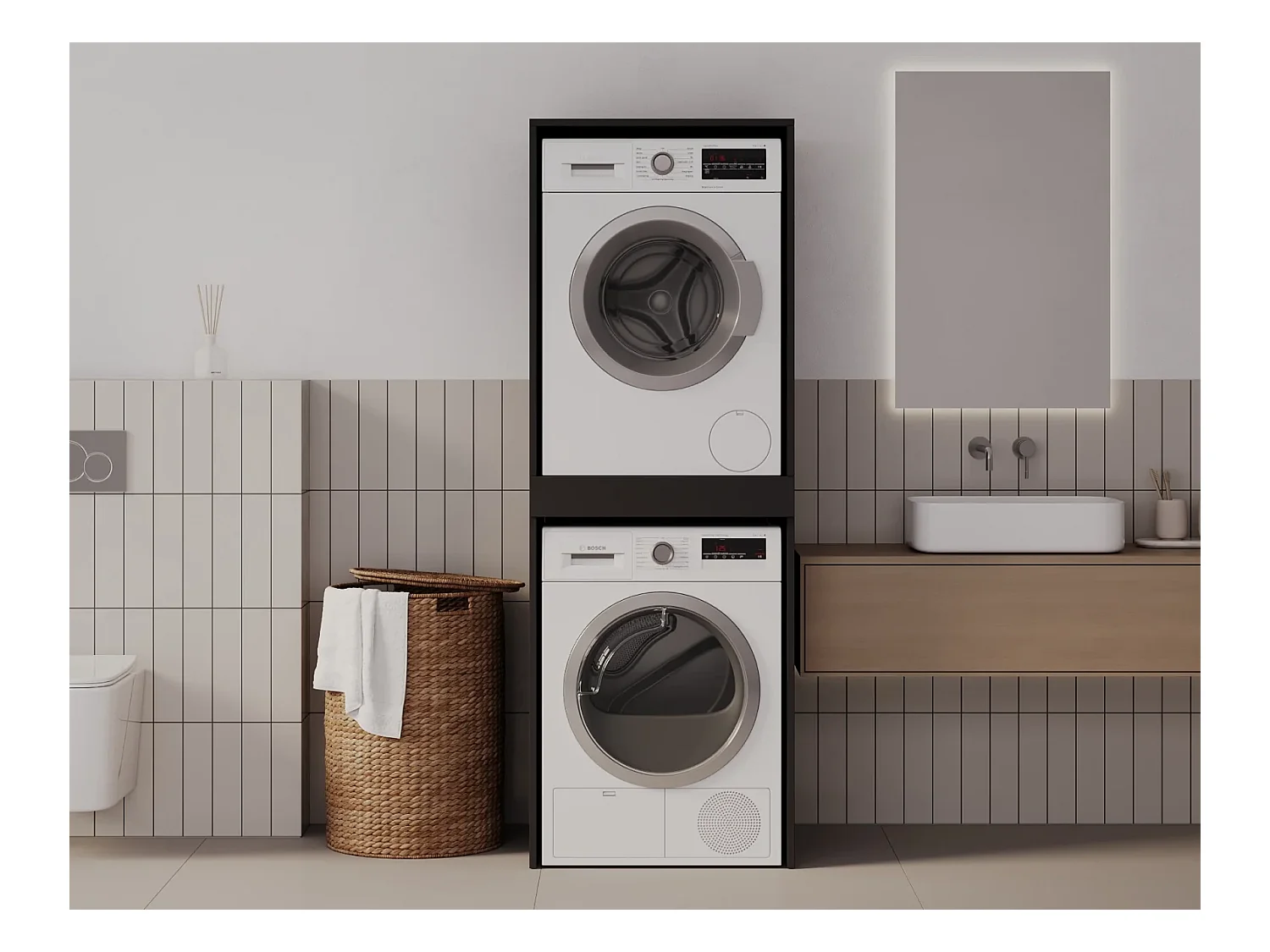 Schrank für Waschmaschine und Trockner mit ausziehbarem Regal • Aufbewahrungsschrank für Waschmaschine und Trockner • Oberschrank 187 x 65 x 66 cm