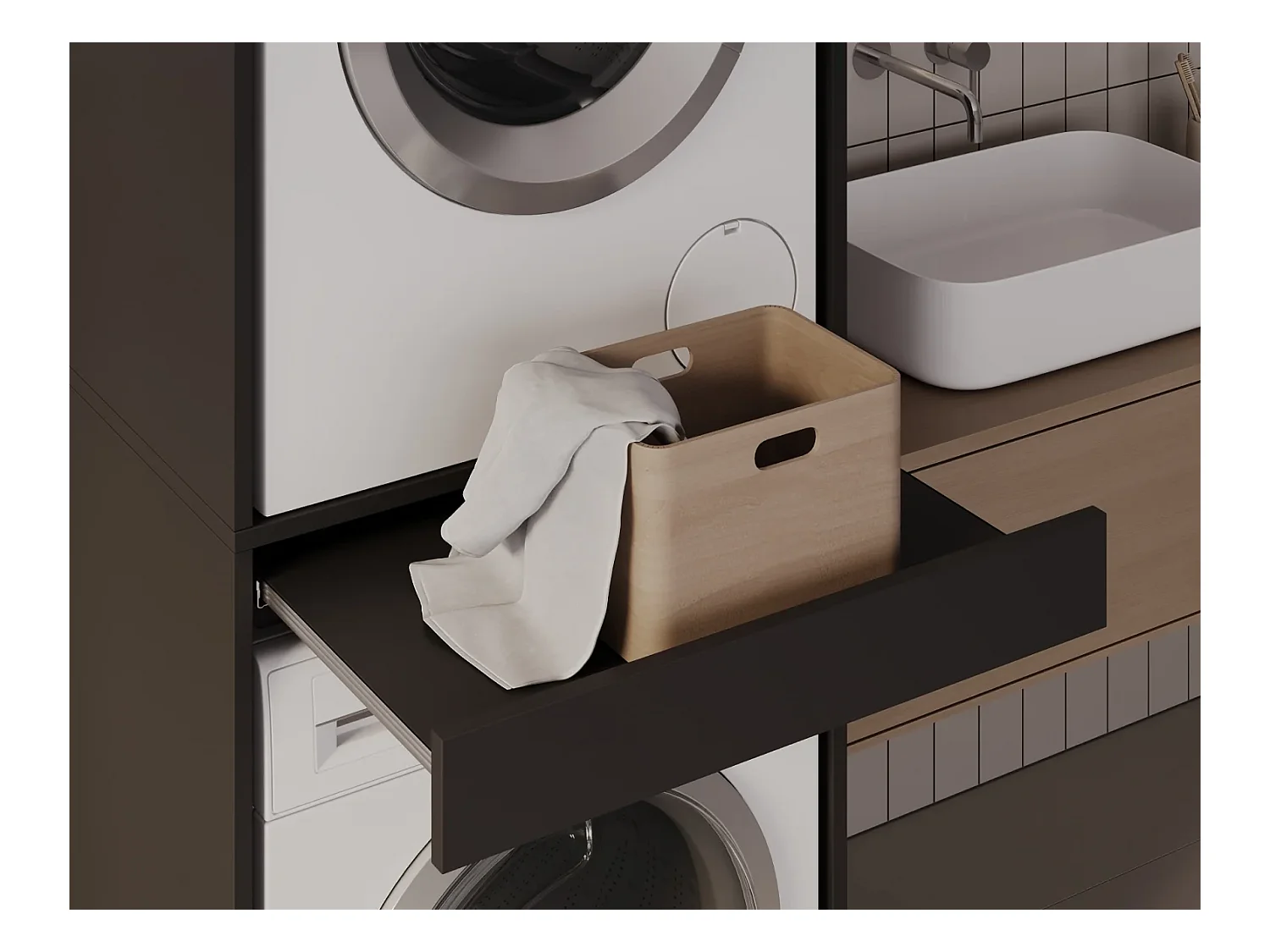 Schrank für Waschmaschine und Trockner mit ausziehbarem Regal • Aufbewahrungsschrank für Waschmaschine und Trockner • Oberschrank 187 x 65 x 66 cm