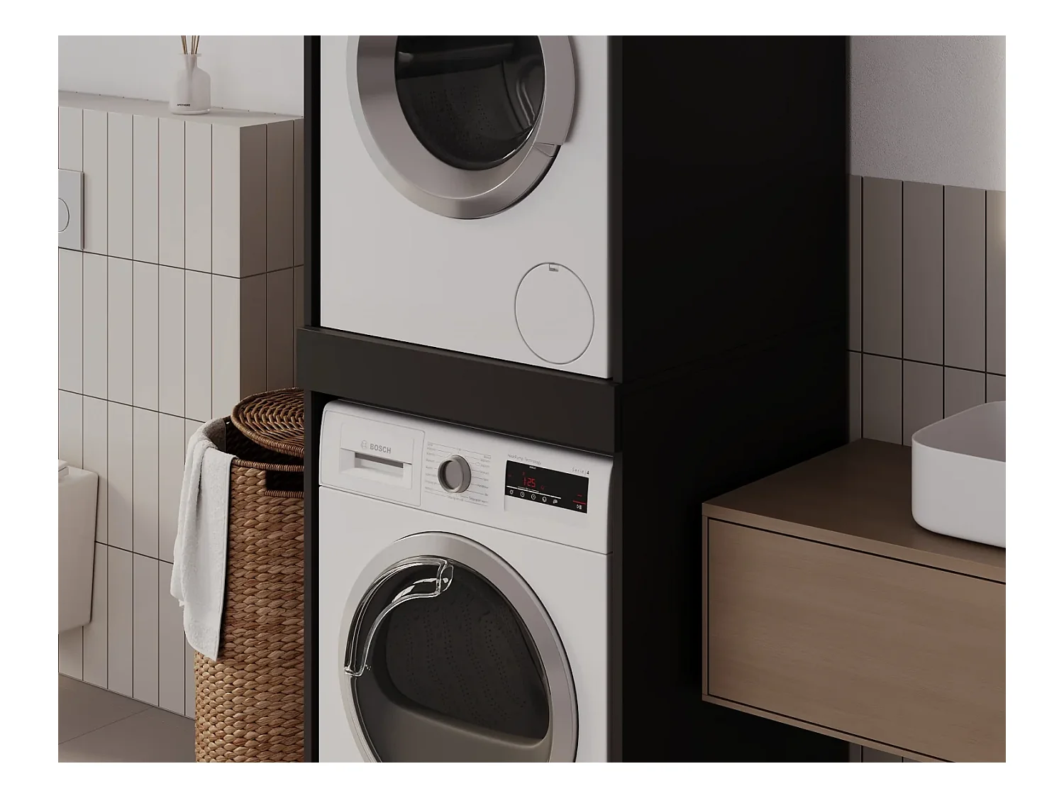 Schrank für Waschmaschine und Trockner mit ausziehbarem Regal • Aufbewahrungsschrank für Waschmaschine und Trockner • Oberschrank 187 x 65 x 66 cm