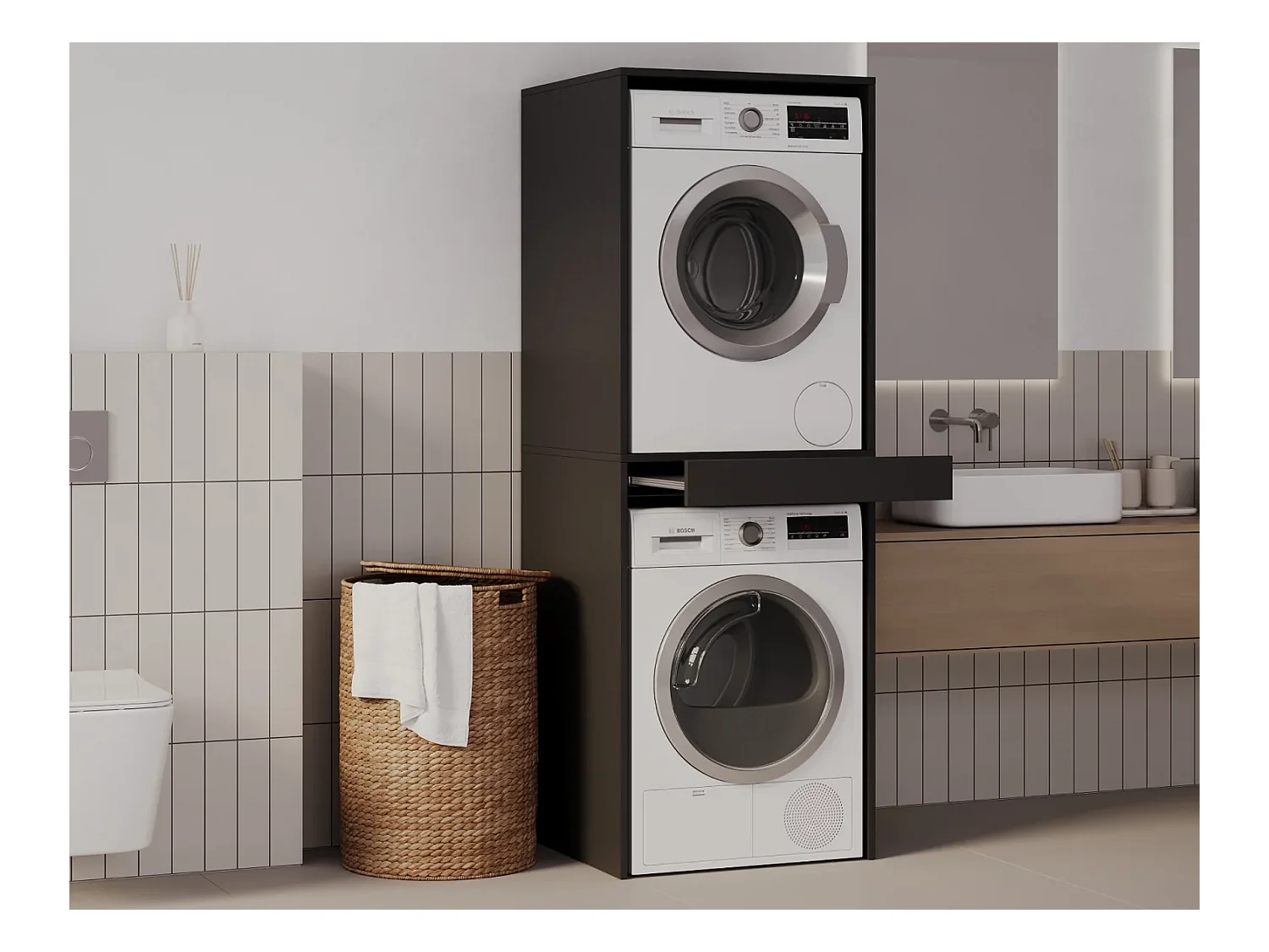 Armoire pour machine à laver et sèche-linge avec tablette coulissante • Meuble de rangement pour lave-linge et sèche-linge • Armoire de surplomb 187 x 65 x 66 cm