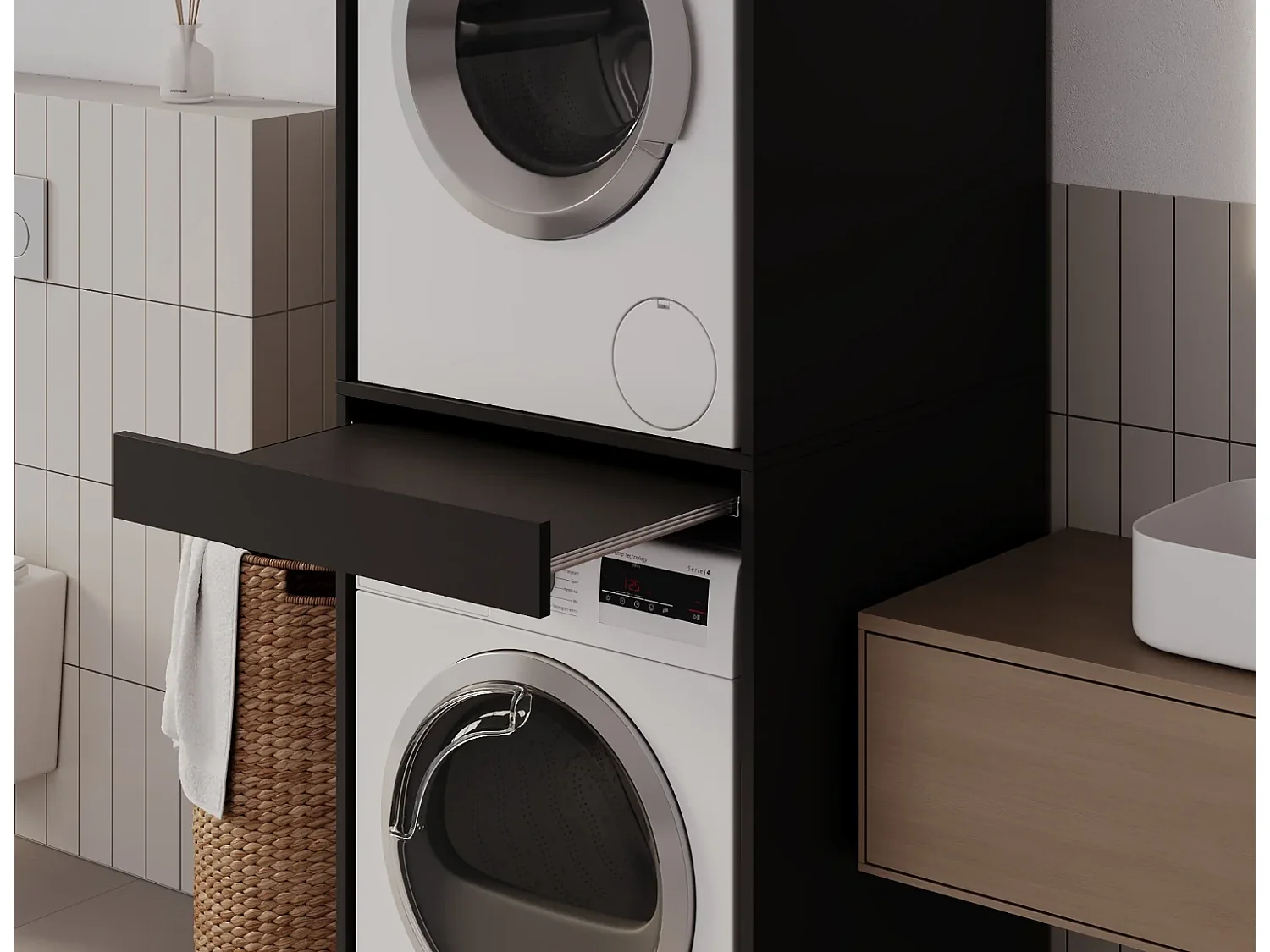 Armoire pour machine à laver et sèche-linge avec tablette coulissante • Meuble de rangement pour lave-linge et sèche-linge • Armoire de surplomb 187 x 65 x 66 cm