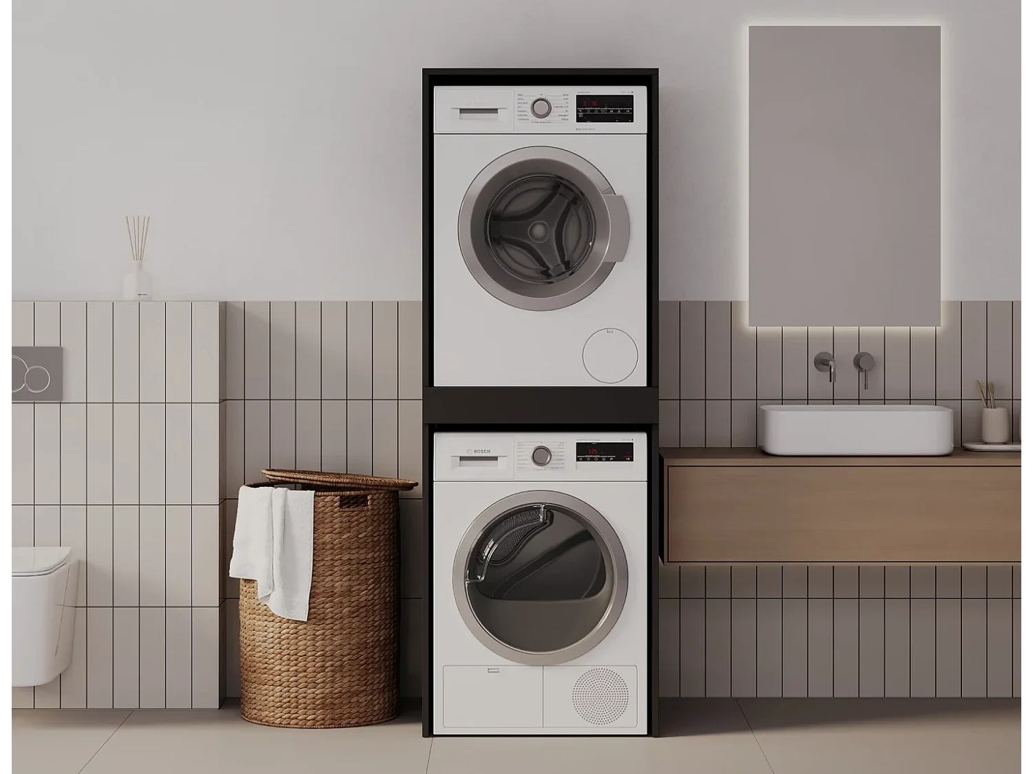 Armoire pour machine à laver et sèche-linge avec tablette coulissante • Meuble de rangement pour lave-linge et sèche-linge • Armoire de surplomb 187 x 65 x 66 cm