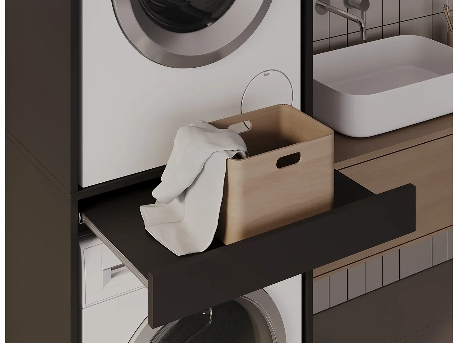 Armoire pour machine à laver et sèche-linge avec tablette coulissante • Meuble de rangement pour lave-linge et sèche-linge • Armoire de surplomb 187 x 65 x 66 cm