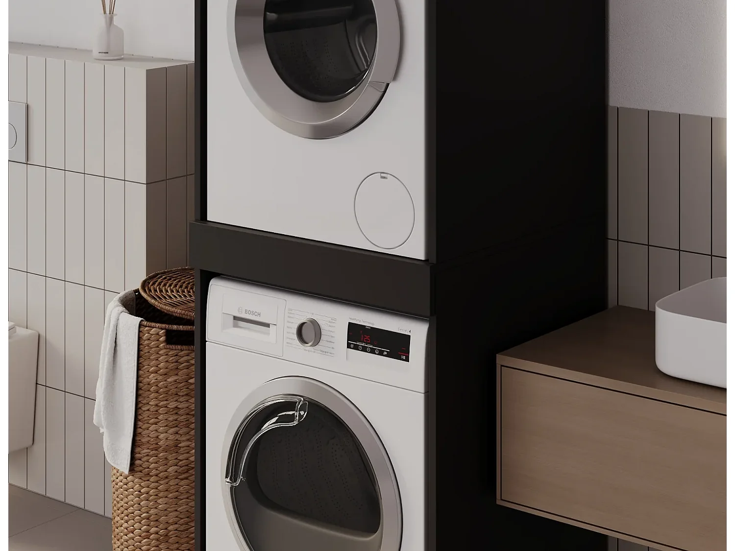 Armoire pour machine à laver et sèche-linge avec tablette coulissante • Meuble de rangement pour lave-linge et sèche-linge • Armoire de surplomb 187 x 65 x 66 cm