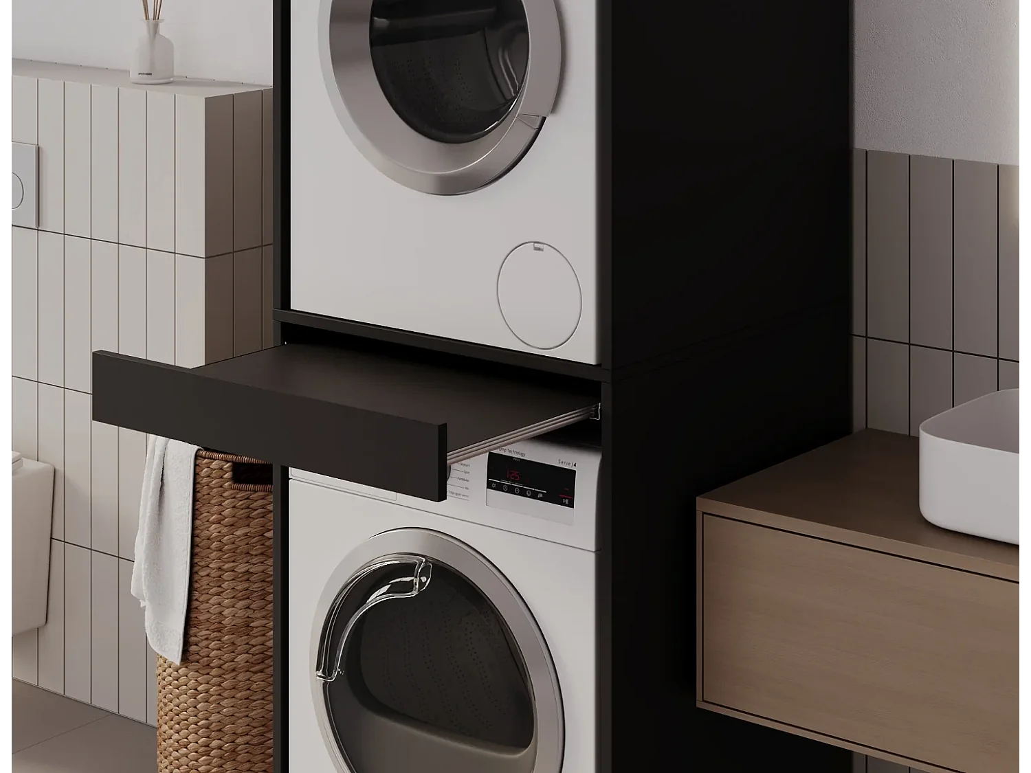 Armoire pour machine à laver et sèche-linge avec tablette coulissante • Meuble de rangement pour lave-linge et sèche-linge • Armoire de surplomb 187 x 65 x 66 cm