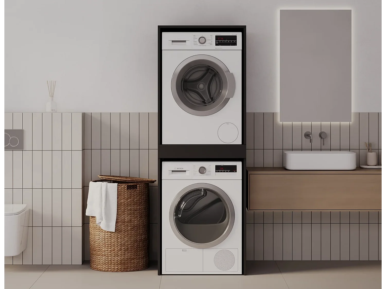 Armoire pour machine à laver et sèche-linge avec tablette coulissante • Meuble de rangement pour lave-linge et sèche-linge • Armoire de surplomb 187 x 65 x 66 cm