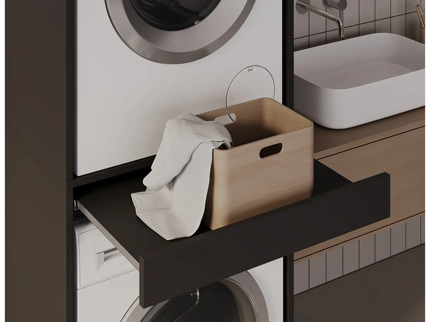 Armoire pour machine à laver et sèche-linge avec tablette coulissante • Meuble de rangement pour lave-linge et sèche-linge • Armoire de surplomb 187 x 65 x 66 cm