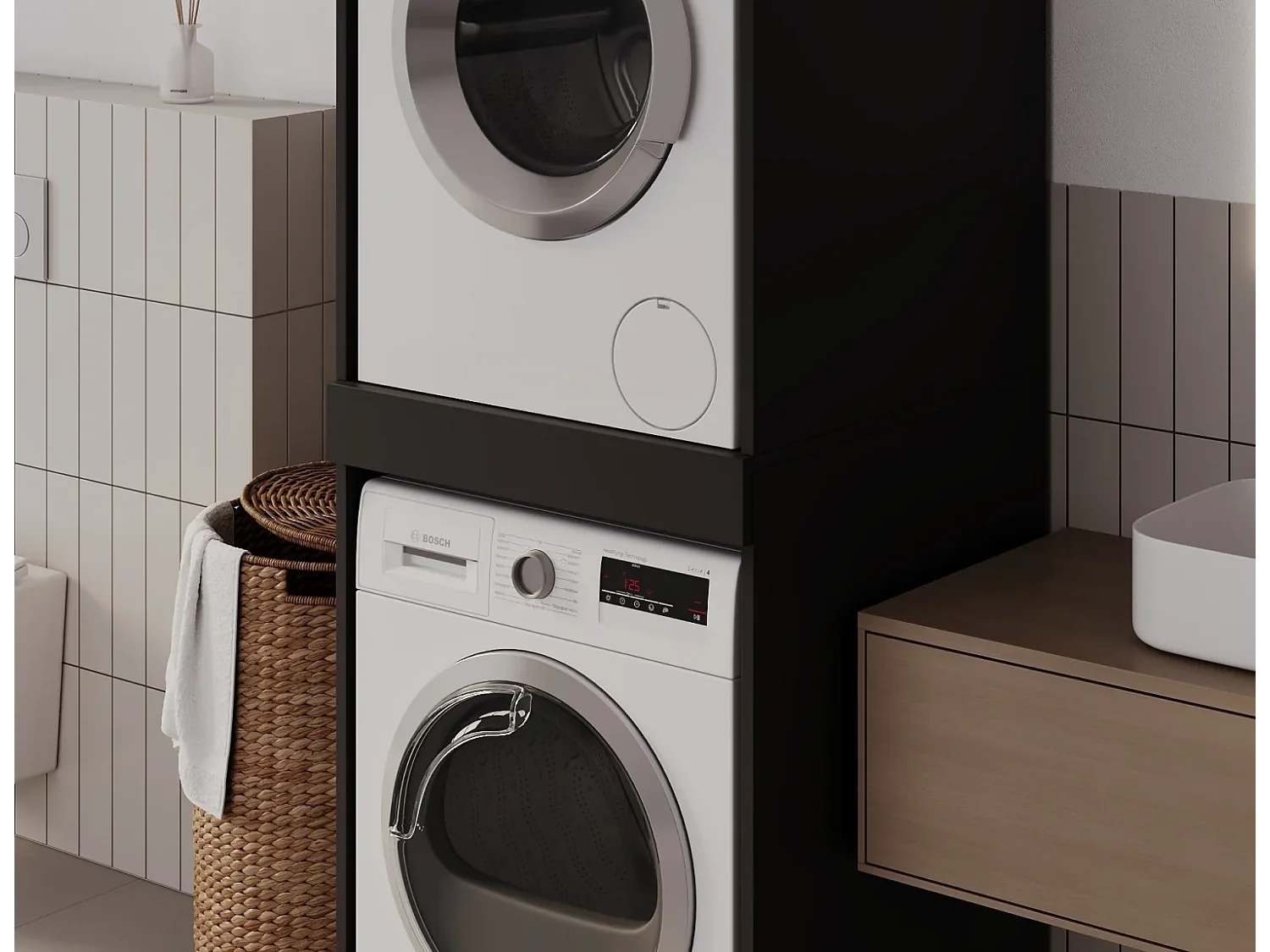 Armoire pour machine à laver et sèche-linge avec tablette coulissante • Meuble de rangement pour lave-linge et sèche-linge • Armoire de surplomb 187 x 65 x 66 cm