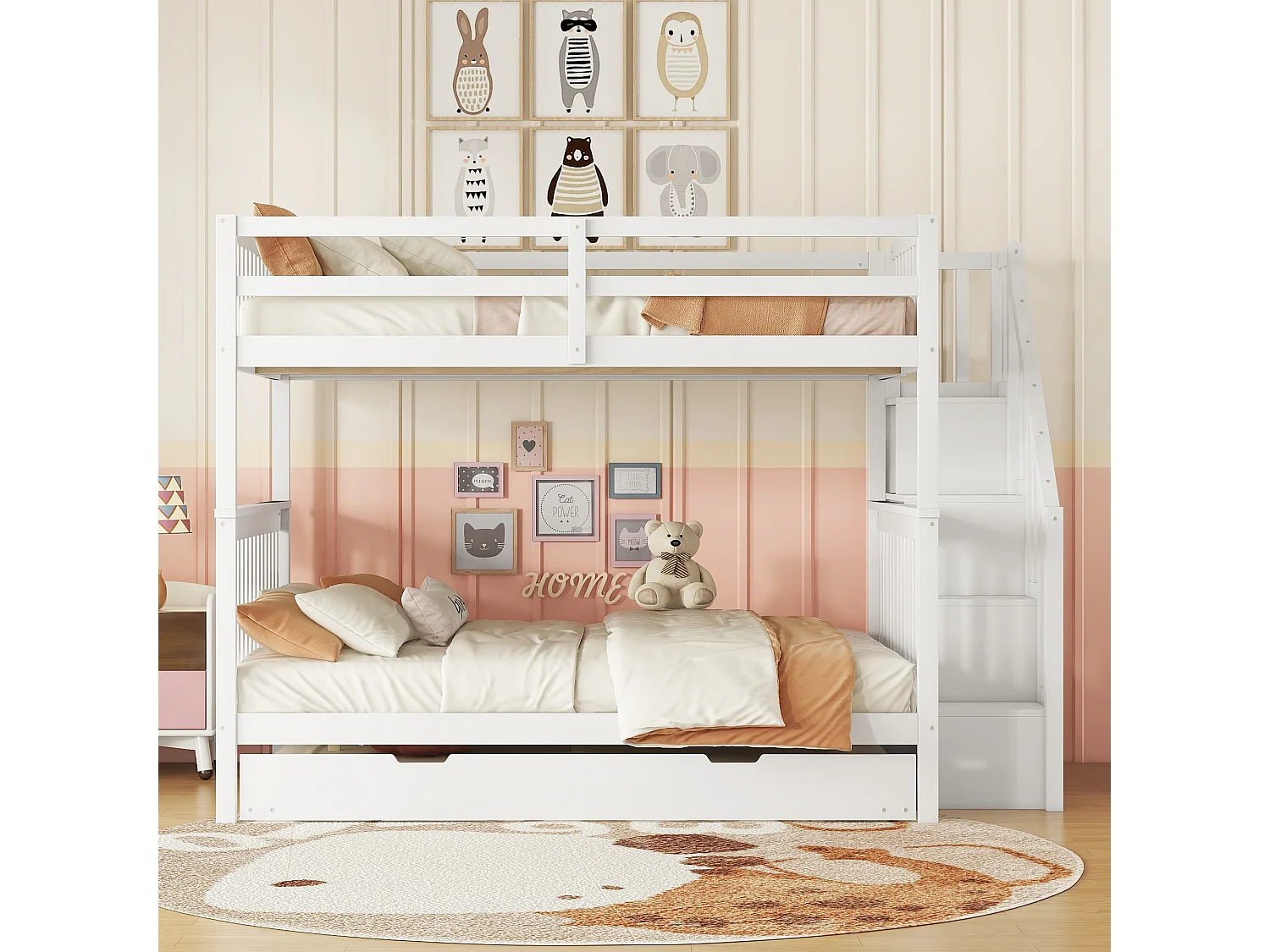 Lit superposé 140x200 cm - lit gigogne - protection anti- chute avec éhelle - Pin - blanc (sans matelas)