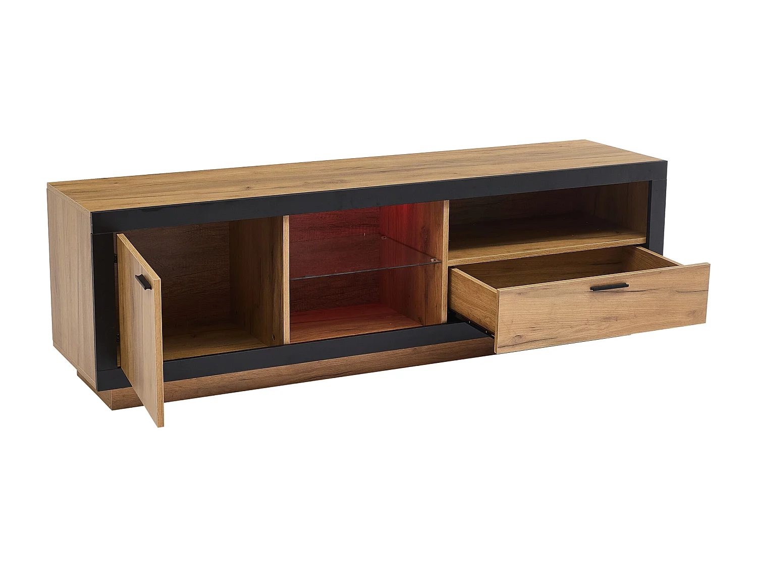 Meuble TV 160x40x50 cm avec LED en 1 porte 1 tiroir - meuble de rangement ouvert - étagères en verre - marron