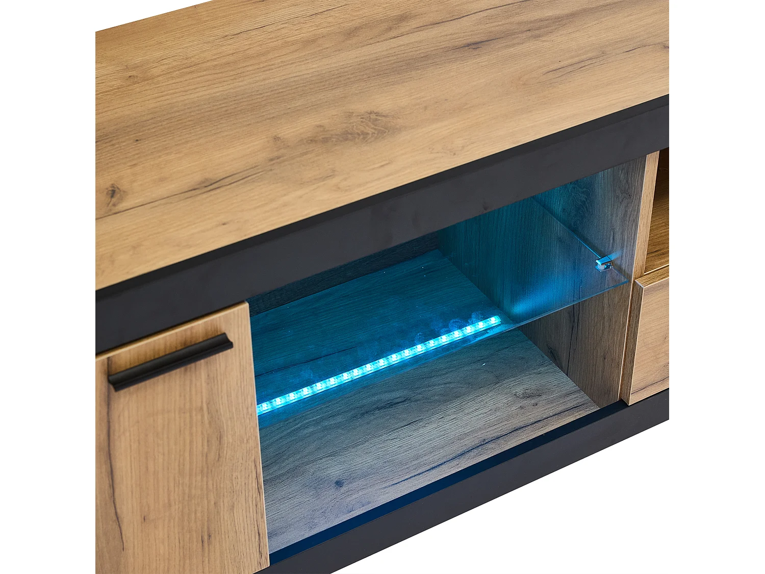 Meuble TV 160x40x50 cm avec LED en 1 porte 1 tiroir - meuble de rangement ouvert - étagères en verre - marron